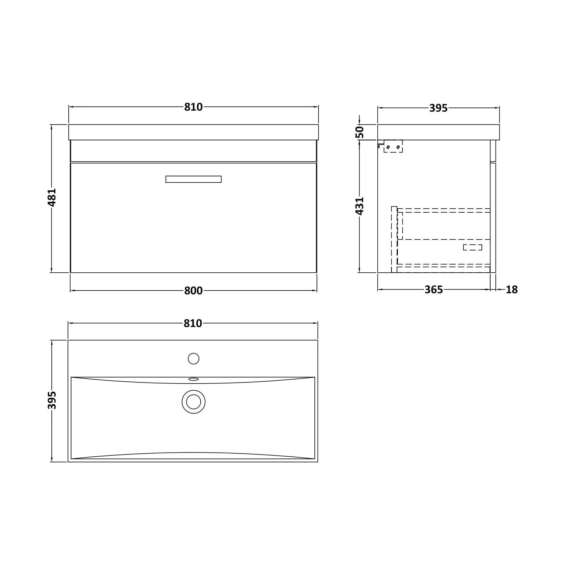 Millwich Contemporary 1 Drawer Wall Hung Vanity Unit with Thin Edge Basin, Charcoal Black, 800mm - Image 2