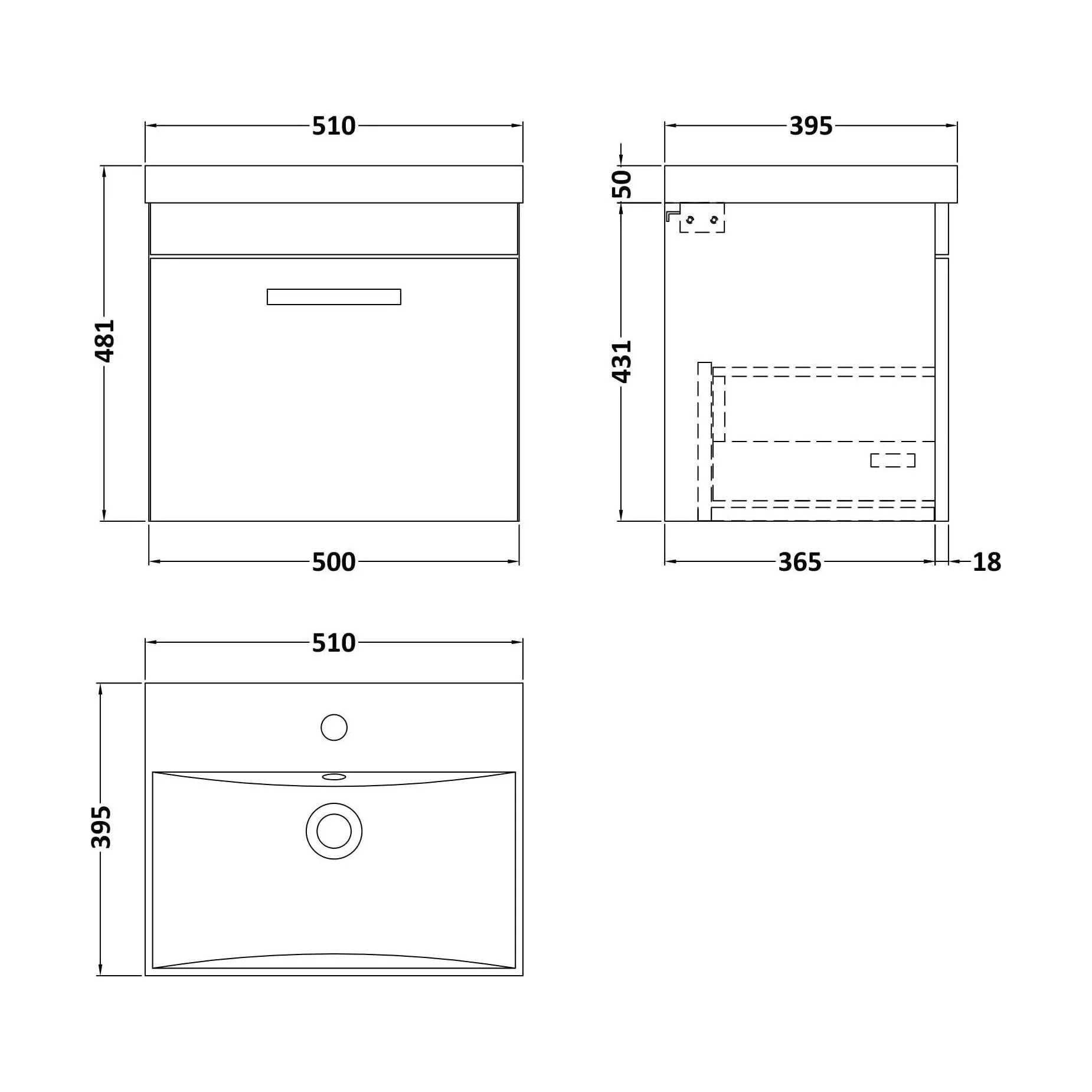 Millwich Contemporary 1 Drawer Wall Hung Vanity Unit with Thin Edge Basin, Gloss White, 500mm - Image 2