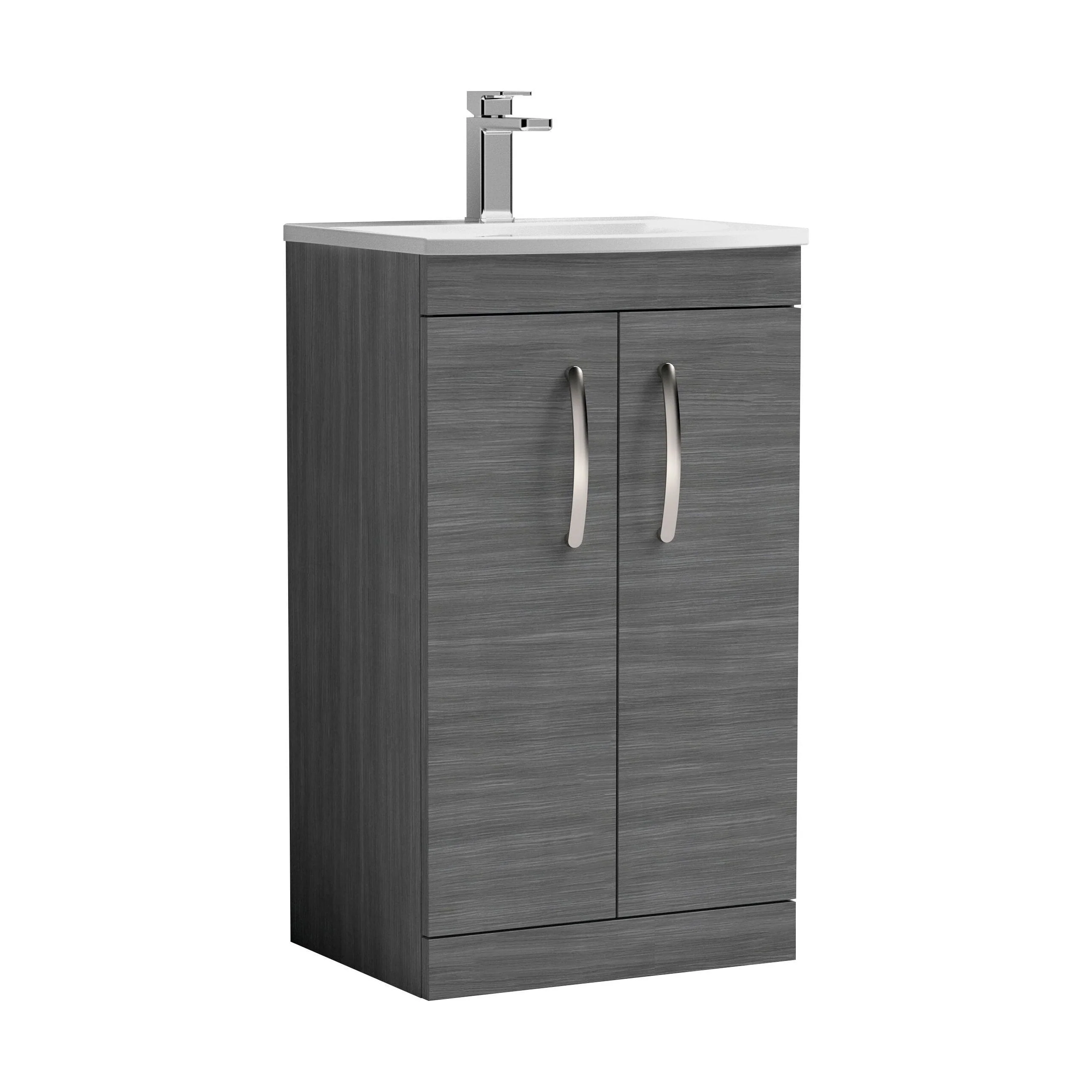 Millwich Contemporary 2 Door Floor Standing Vanity Unit with Curved Basin, Anthracite Woodgrain, 500mm