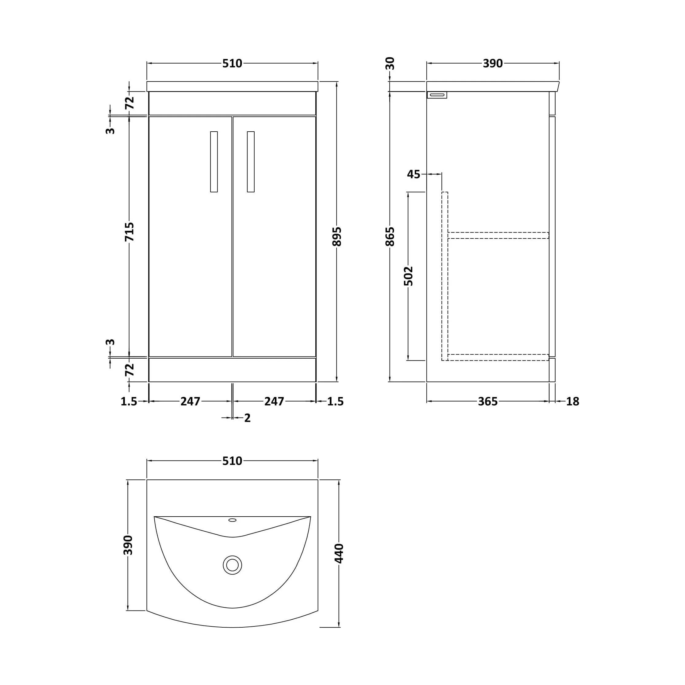 Millwich Contemporary 2 Door Floor Standing Vanity Unit with Curved Basin, Charcoal Black, 500mm - Image 2