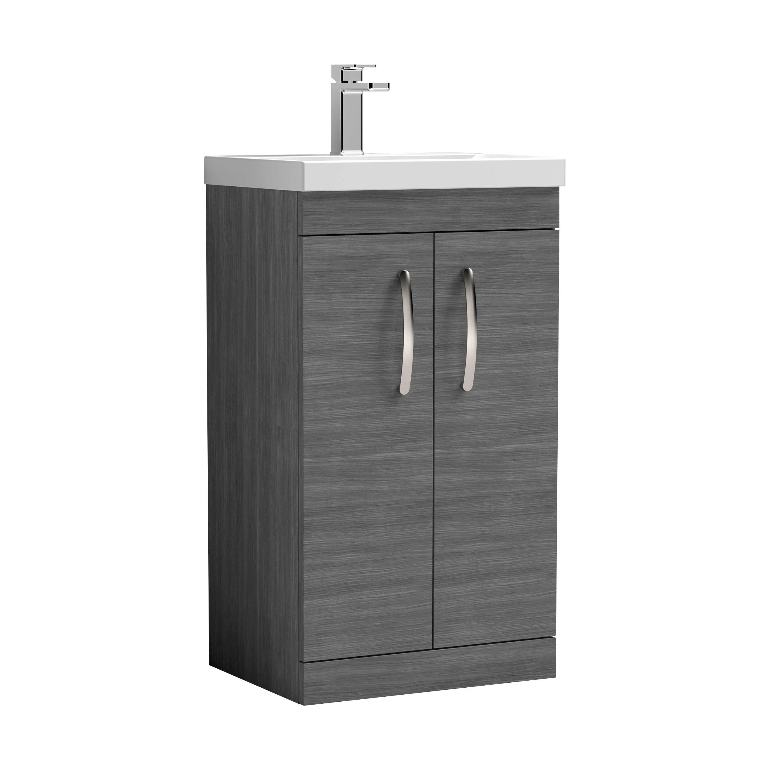 Millwich Contemporary 2 Door Floor Standing Vanity Unit with Thin Edge Basin, Anthracite Woodgrain, 500mm