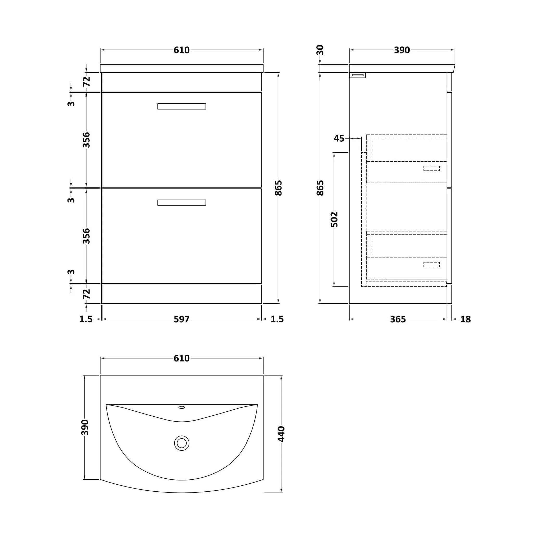 Millwich Contemporary 2 Drawer Floor Standing Vanity Unit with Curved Basin, Anthracite Woodgrain, 600mm - Image 2