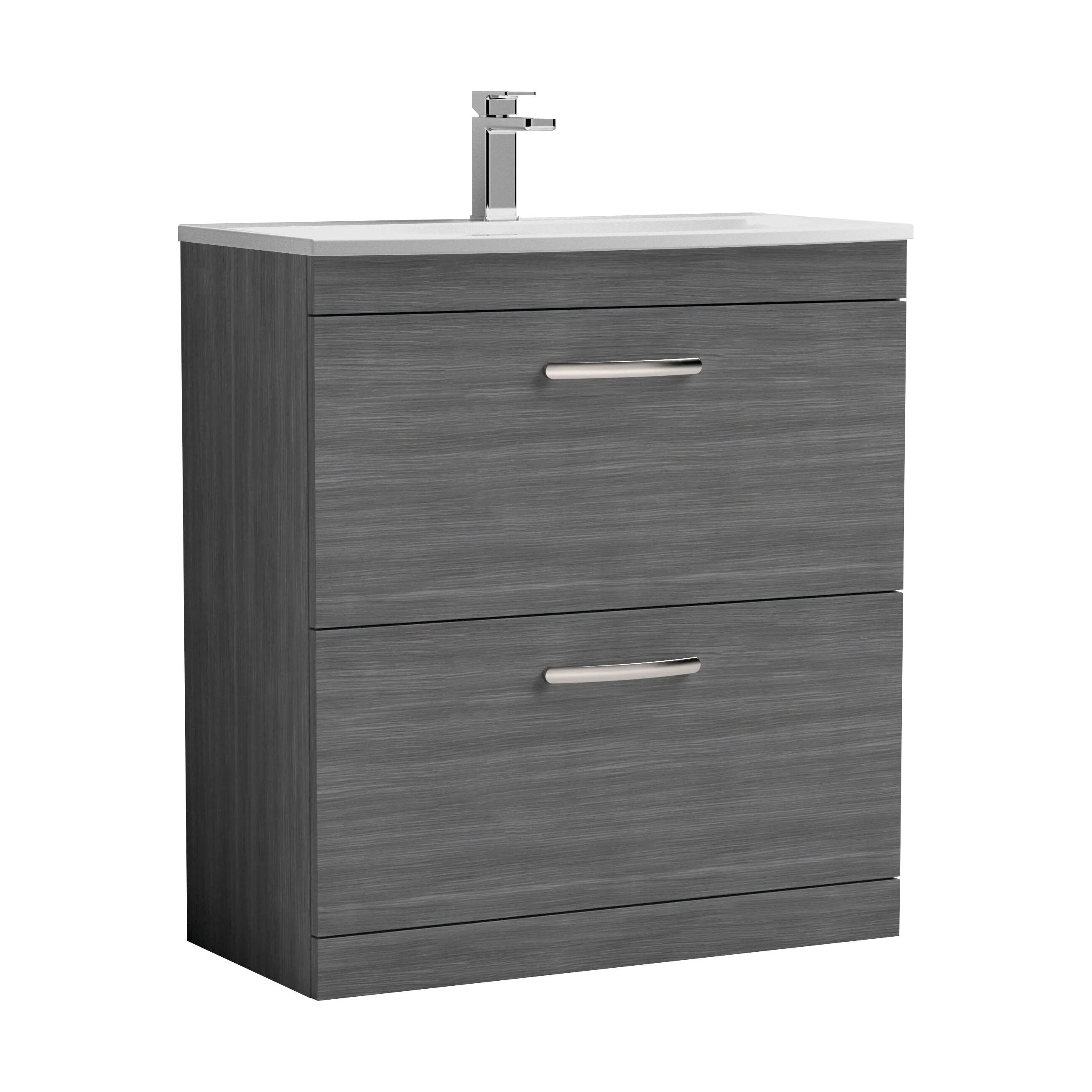 Millwich Contemporary 2 Drawer Floor Standing Vanity Unit with Curved Basin, Anthracite Woodgrain, 800mm