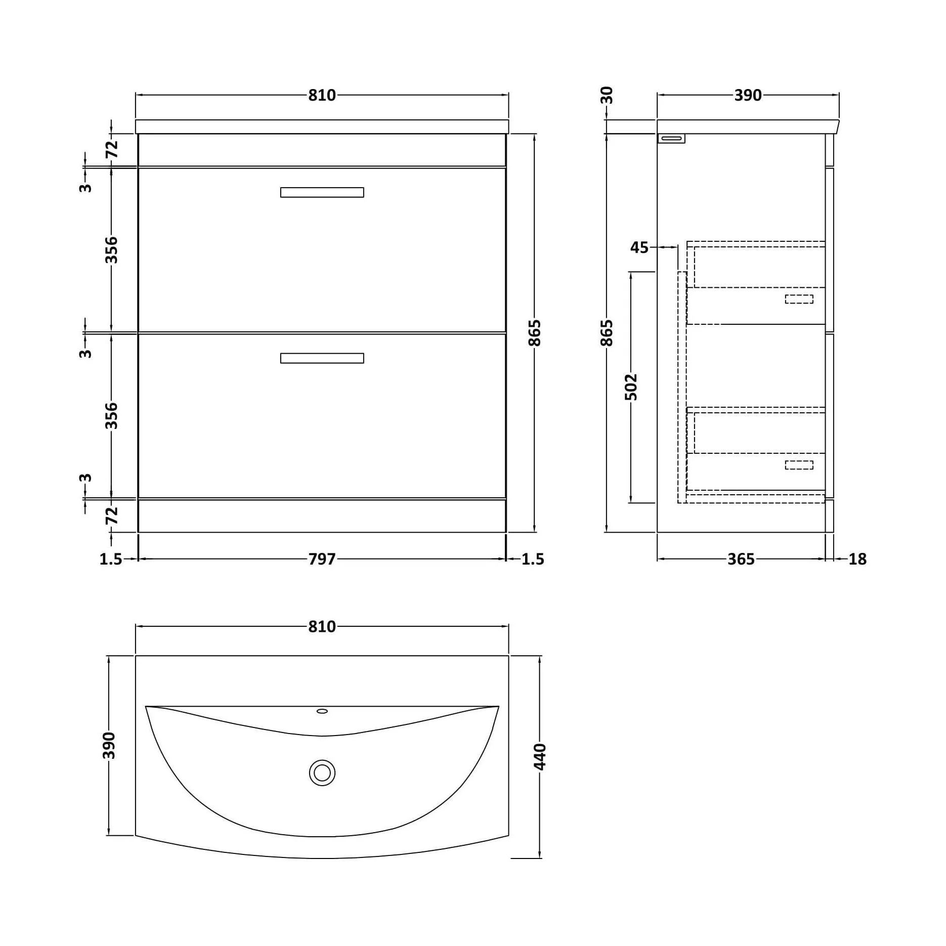 Millwich Contemporary 2 Drawer Floor Standing Vanity Unit with Curved Basin, Gloss White, 800mm - Image 2