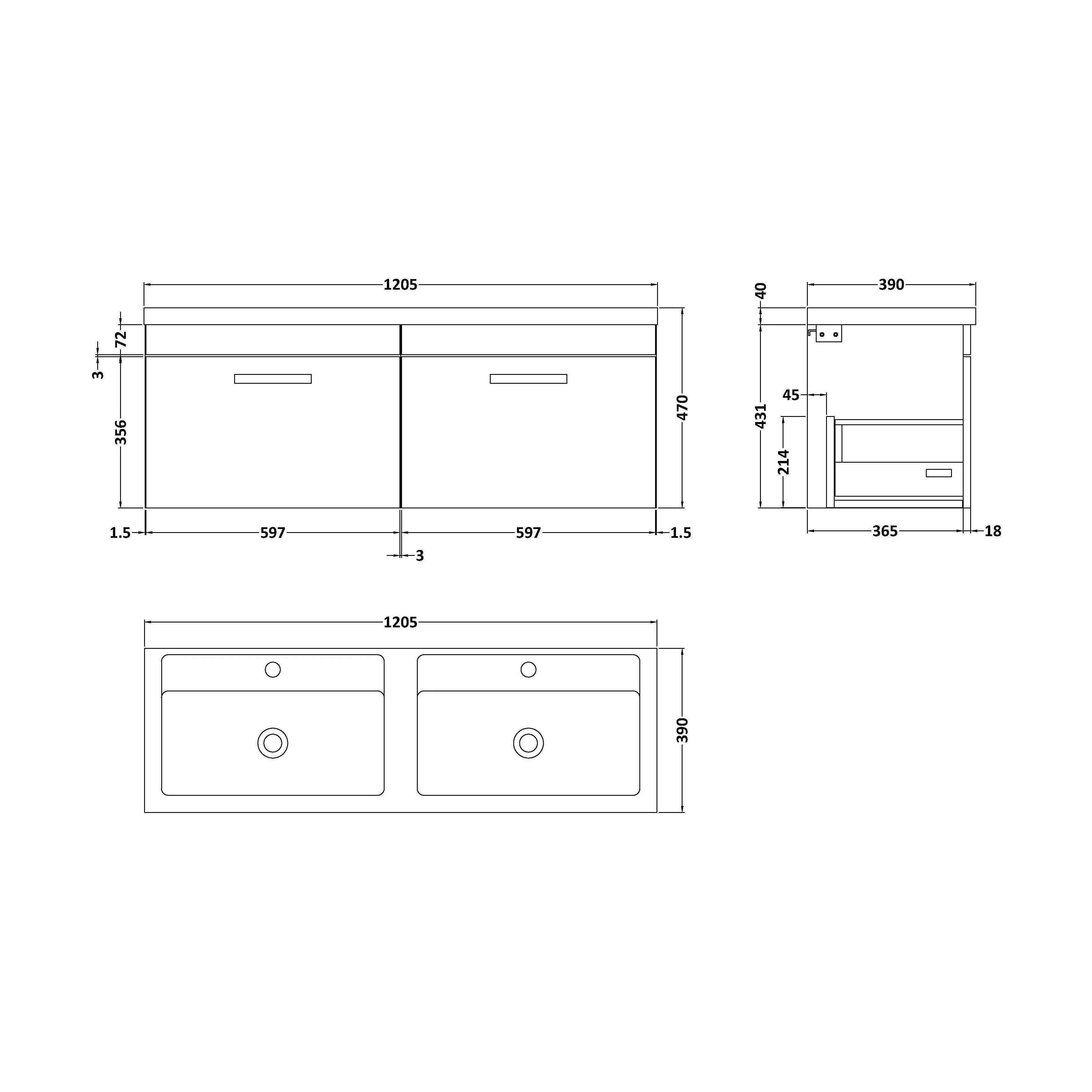 Millwich Contemporary 2 Drawer Wall Hung Vanity Unit with Basin, Gloss White, 1200mm - Image 2