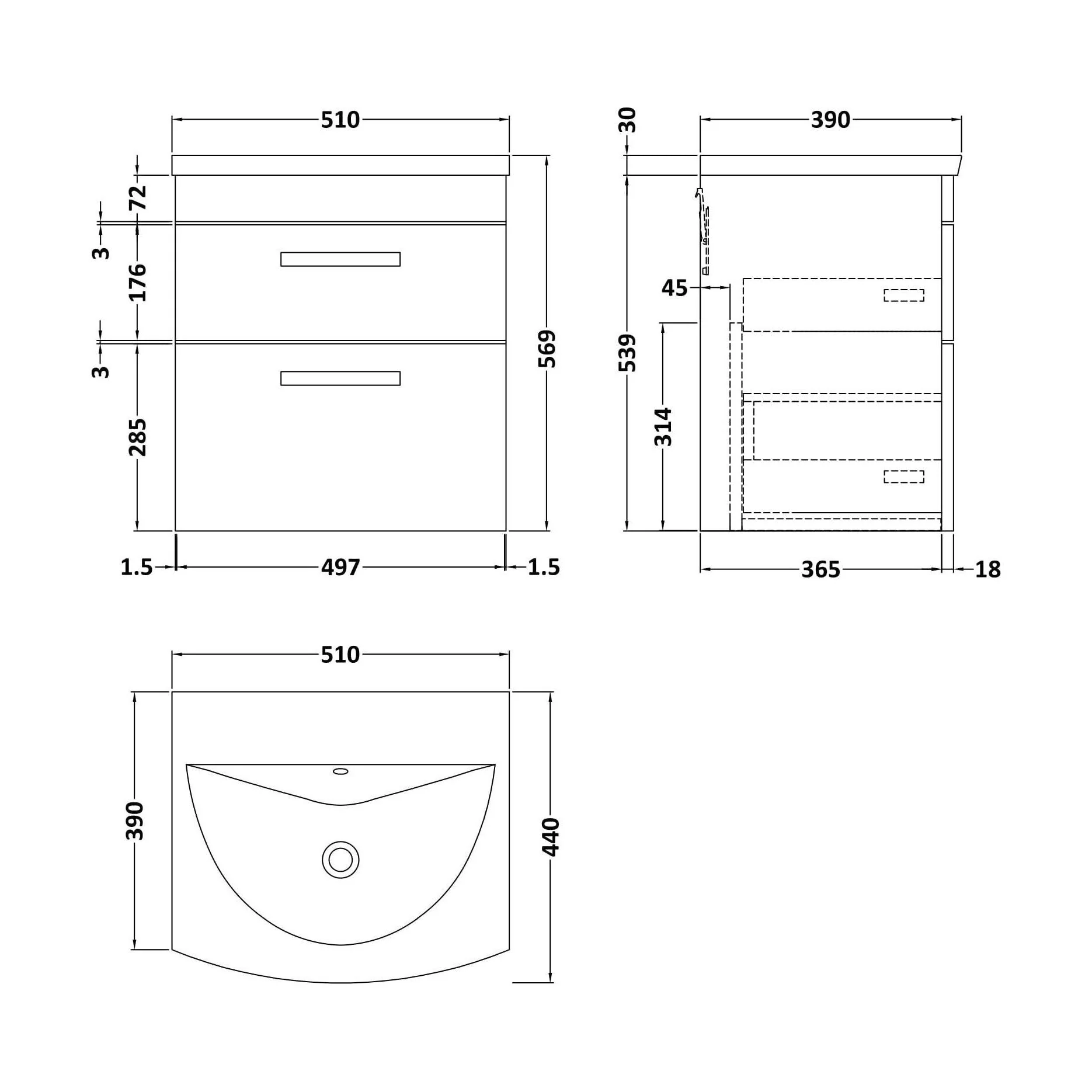 Millwich Contemporary 2 Drawer Wall Hung Vanity Unit with Curved Basin, Anthracite Woodgrain, 500mm - Image 2