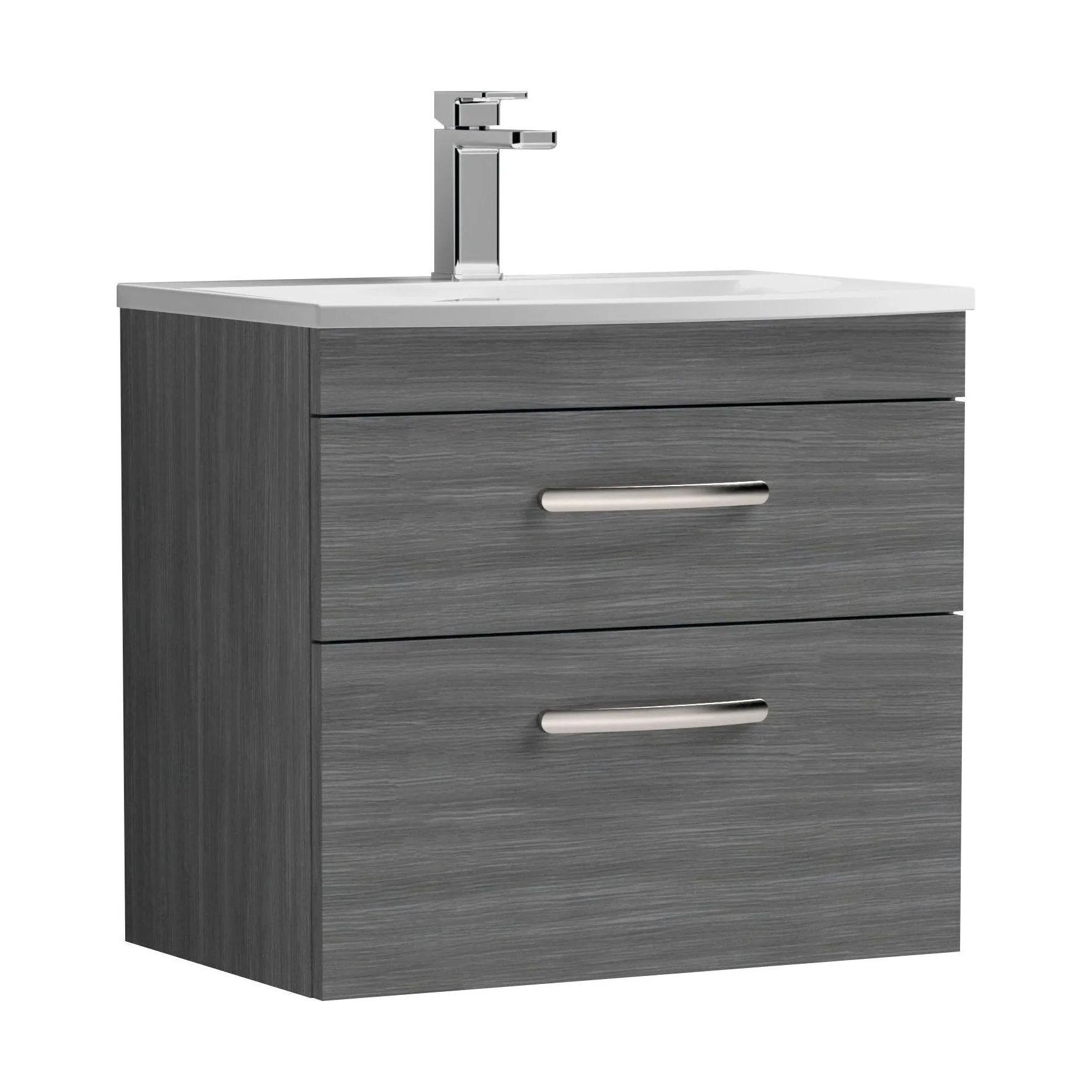Millwich Contemporary 2 Drawer Wall Hung Vanity Unit with Curved Basin, Anthracite Woodgrain, 600mm