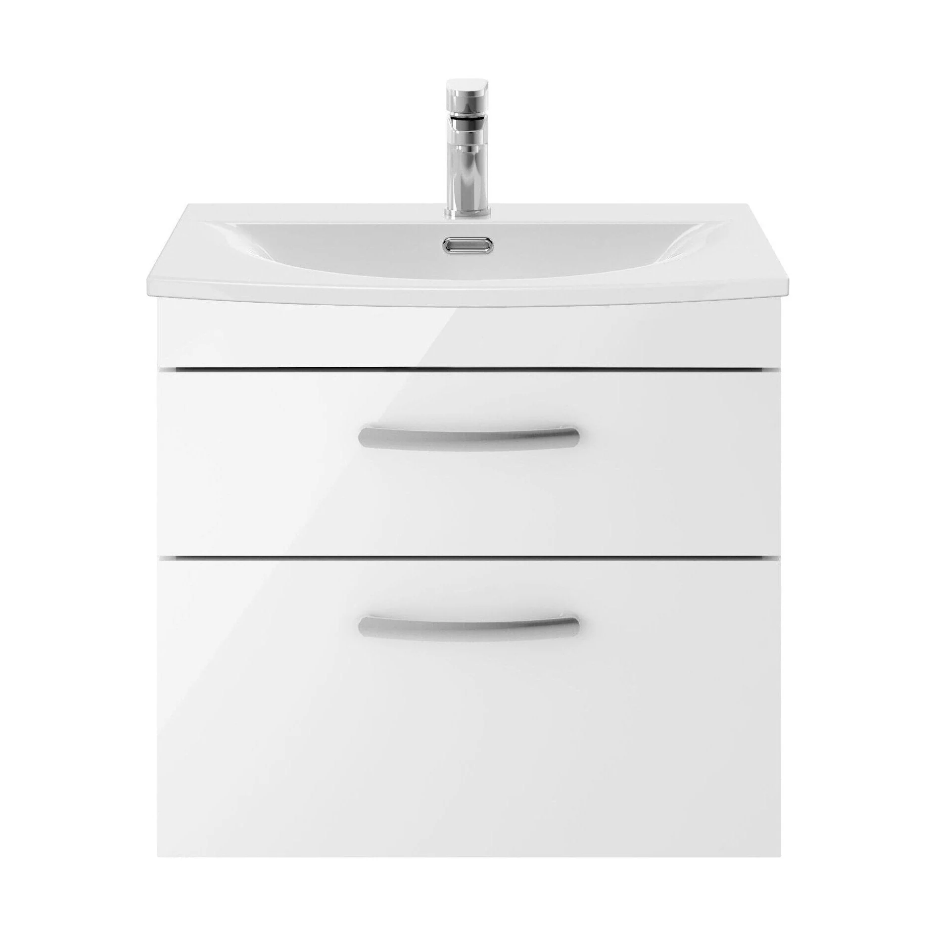 Millwich Contemporary 2 Drawer Wall Hung Vanity Unit with Curved Basin, Gloss White, 600mm