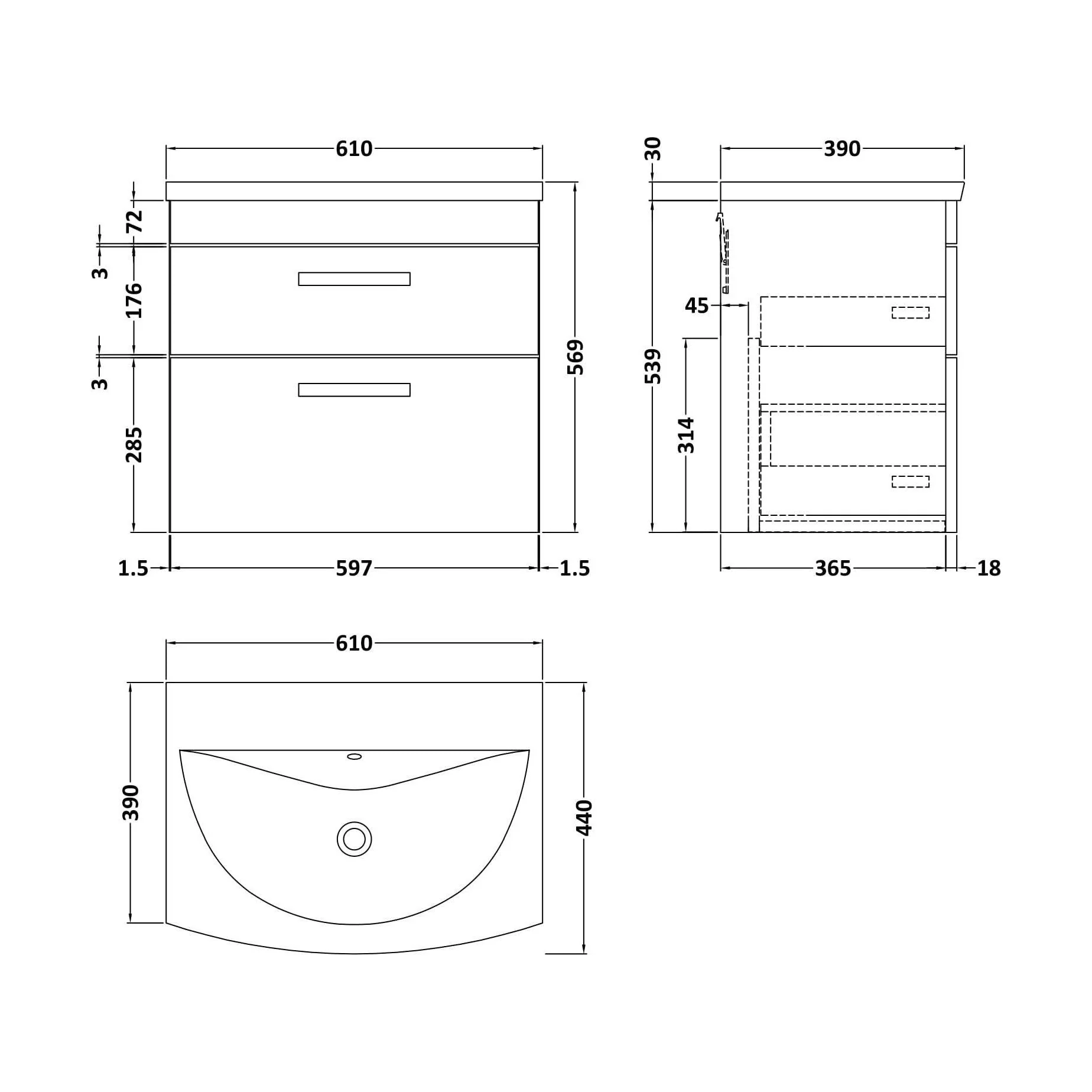 Millwich Contemporary 2 Drawer Wall Hung Vanity Unit with Curved Basin, Gloss White, 600mm - Image 2