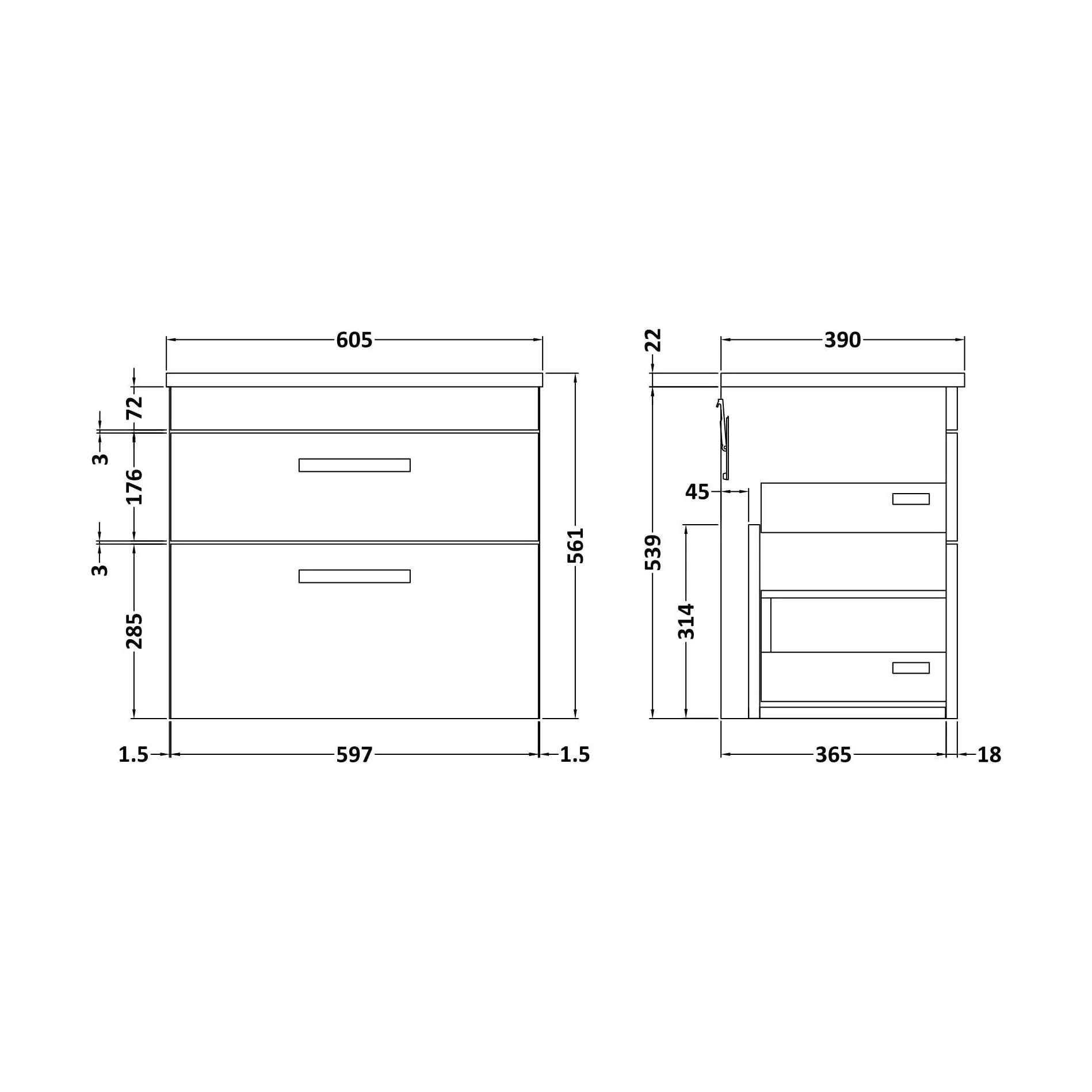 Millwich Contemporary 2 Drawer Wall Hung Vanity Unit with Laminate Black Galaxy Granite Worktop, Charcoal Black, 600mm - Image 2