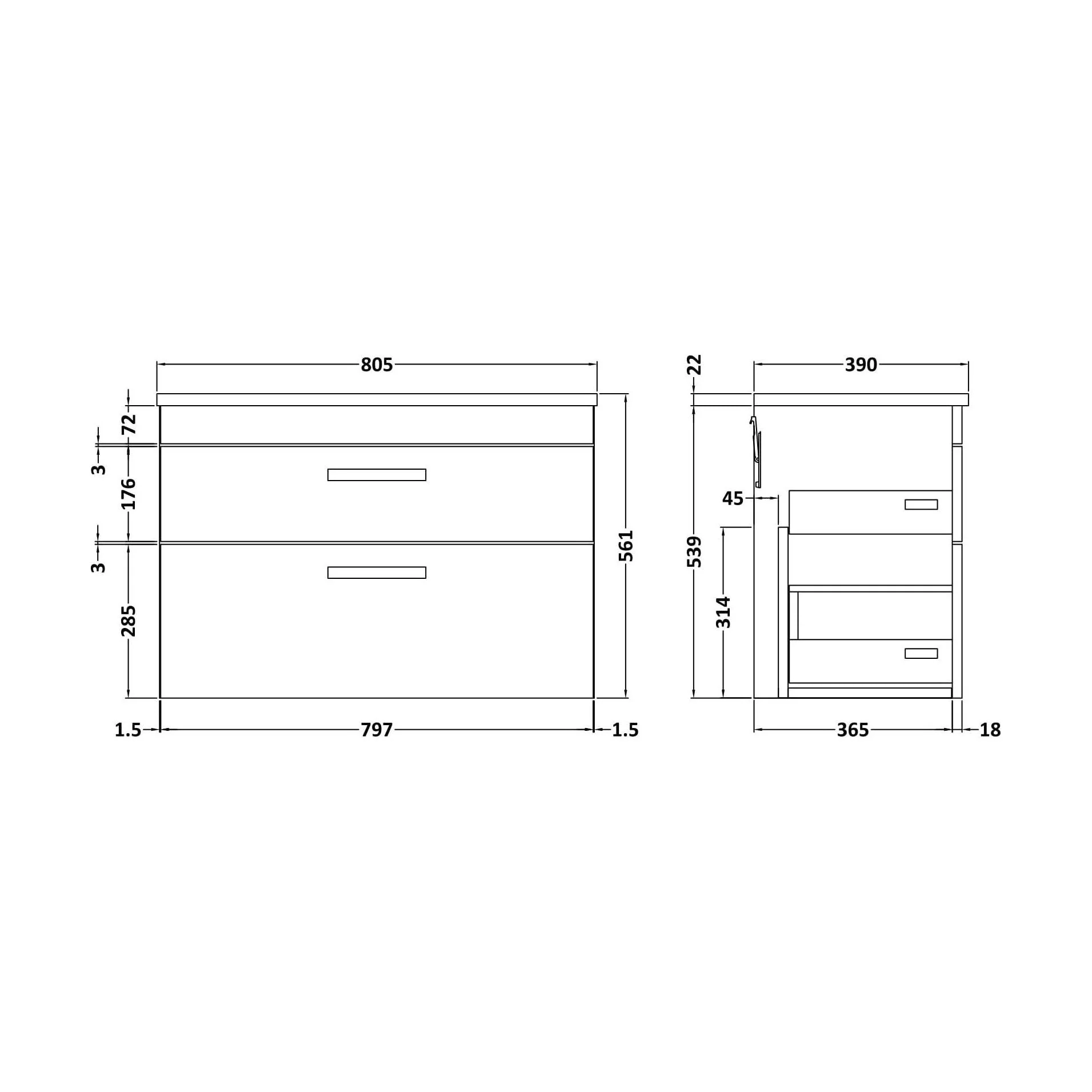 Millwich Contemporary 2 Drawer Wall Hung Vanity Unit with Laminate Black Galaxy Granite Worktop, Charcoal Black, 800mm - Image 2