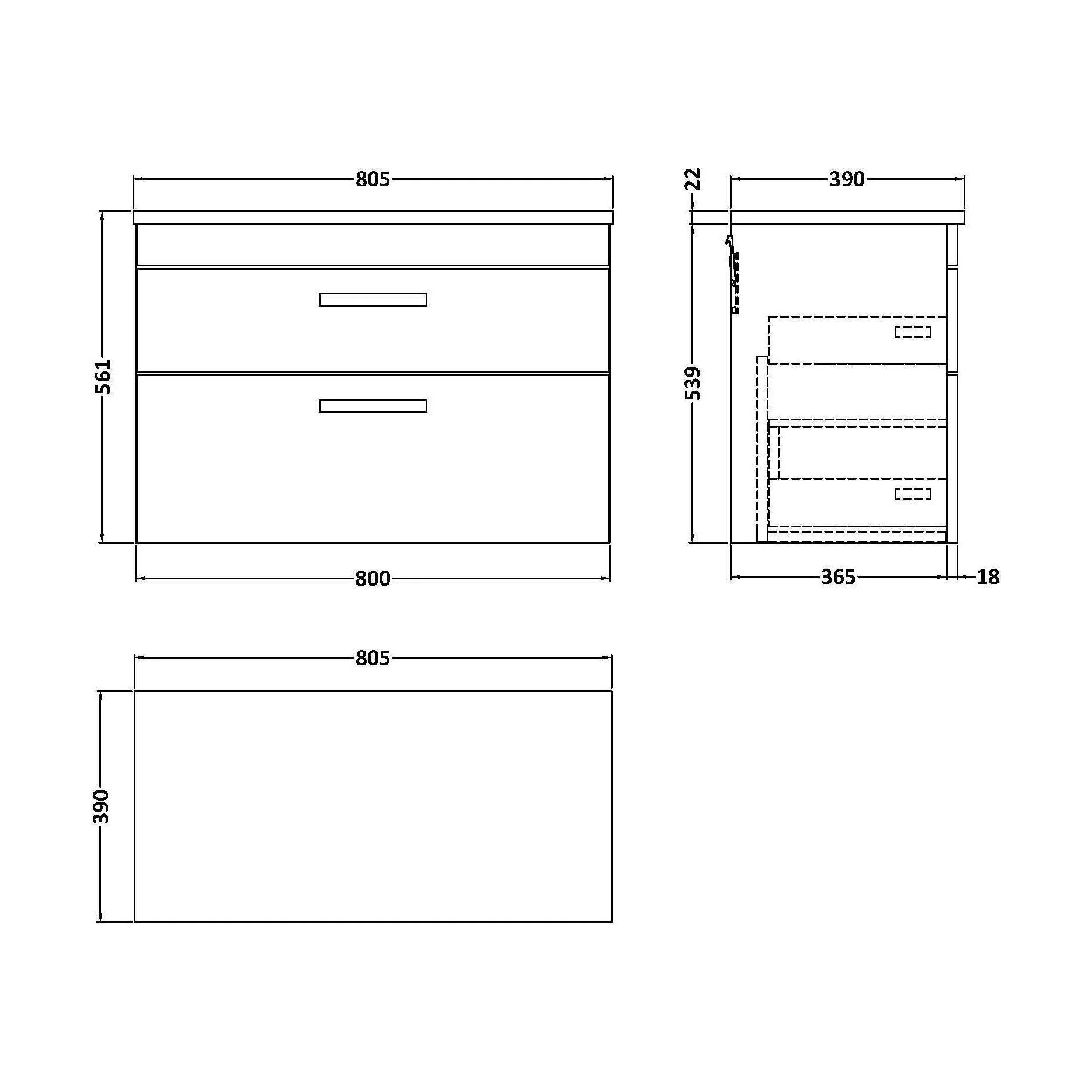 Millwich Contemporary 2 Drawer Wall Hung Vanity Unit with Laminate Carrara Marble Worktop, 805mm - Image 2