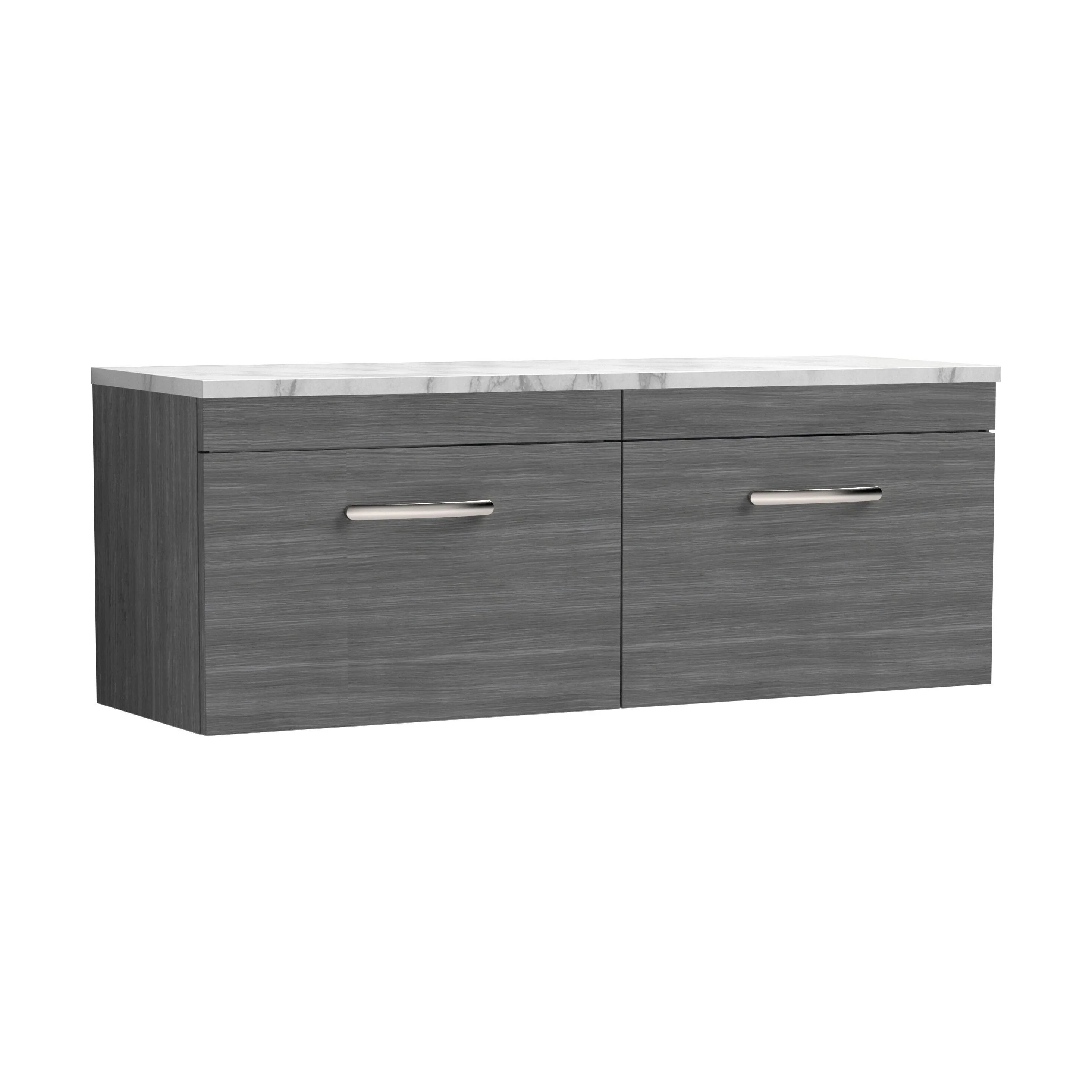 Millwich Contemporary 2 Drawer Wall Hung Vanity Unit with Laminate Carrara Marble Worktop, Anthracite Woodgrain, 1200mm