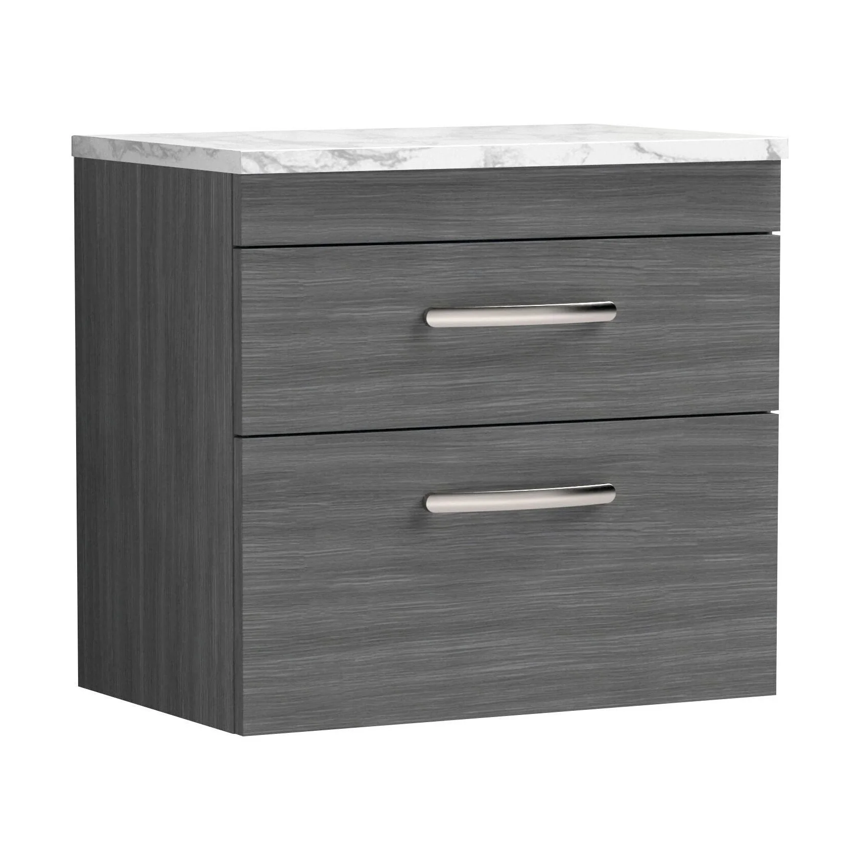 Millwich Contemporary 2 Drawer Wall Hung Vanity Unit with Laminate Carrara Marble Worktop, Anthracite Woodgrain, 600mm