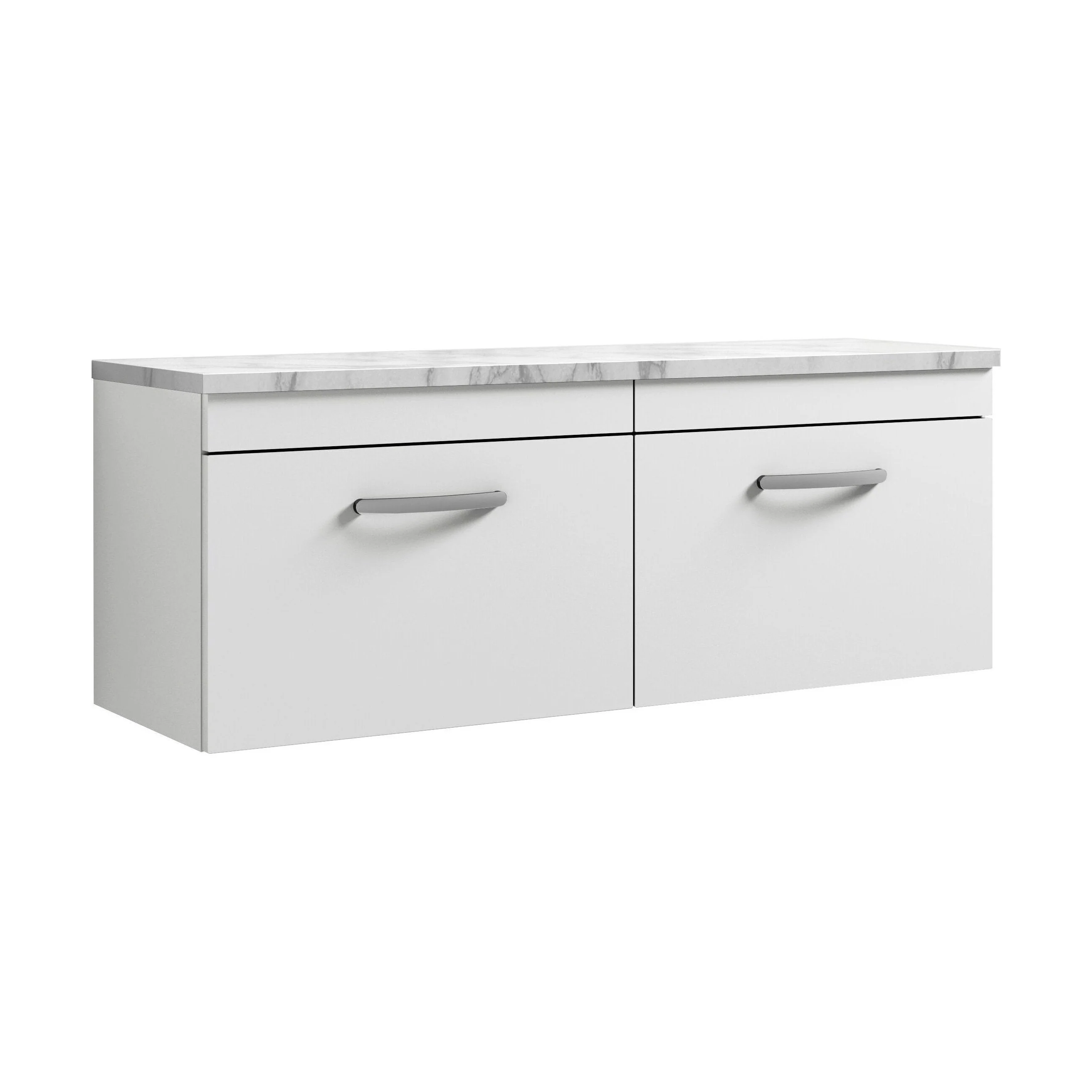 Millwich Contemporary 2 Drawer Wall Hung Vanity Unit with Laminate Carrara Marble Worktop, Gloss White, 1200mm