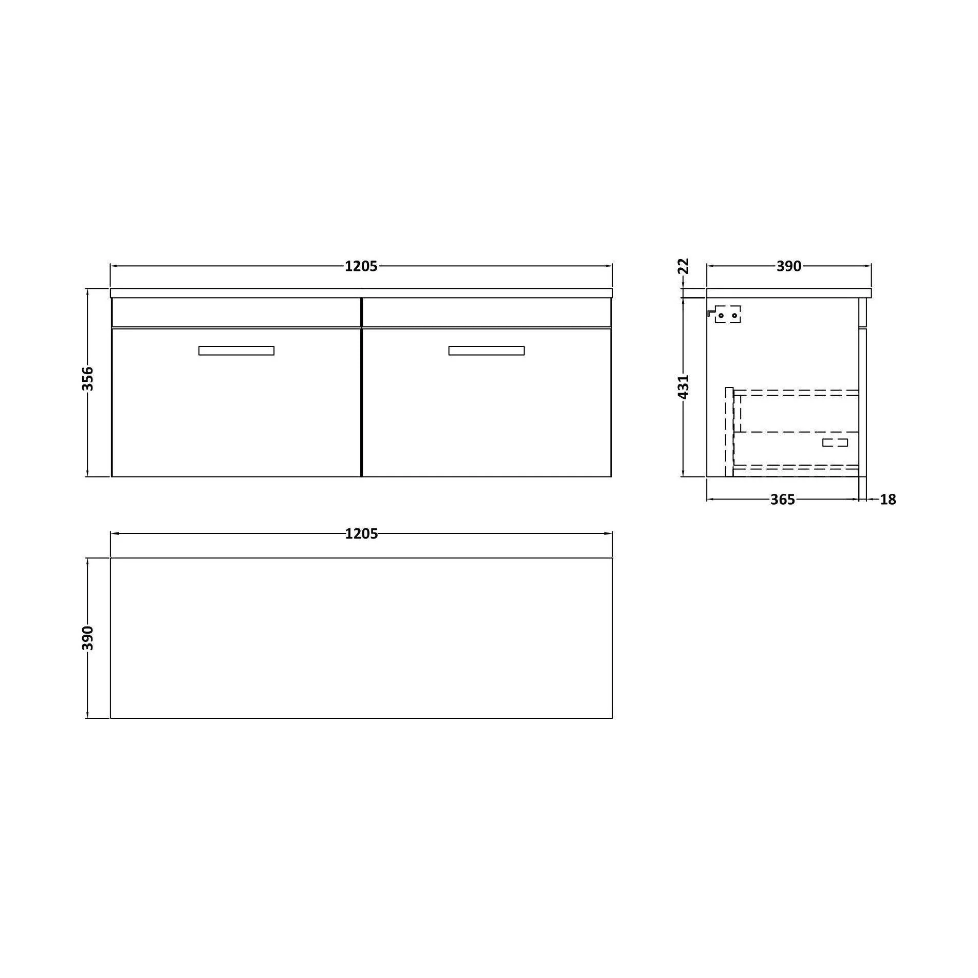 Millwich Contemporary 2 Drawer Wall Hung Vanity Unit with Laminate Carrara Marble Worktop, Gloss White, 1200mm - Image 2