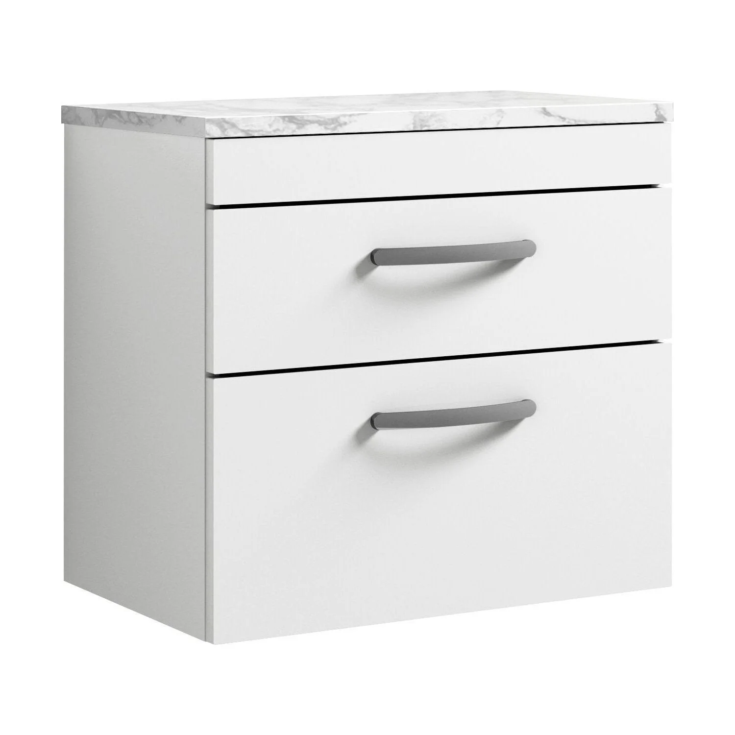 Millwich Contemporary 2 Drawer Wall Hung Vanity Unit with Laminate Carrara Marble Worktop, Gloss White, 600mm