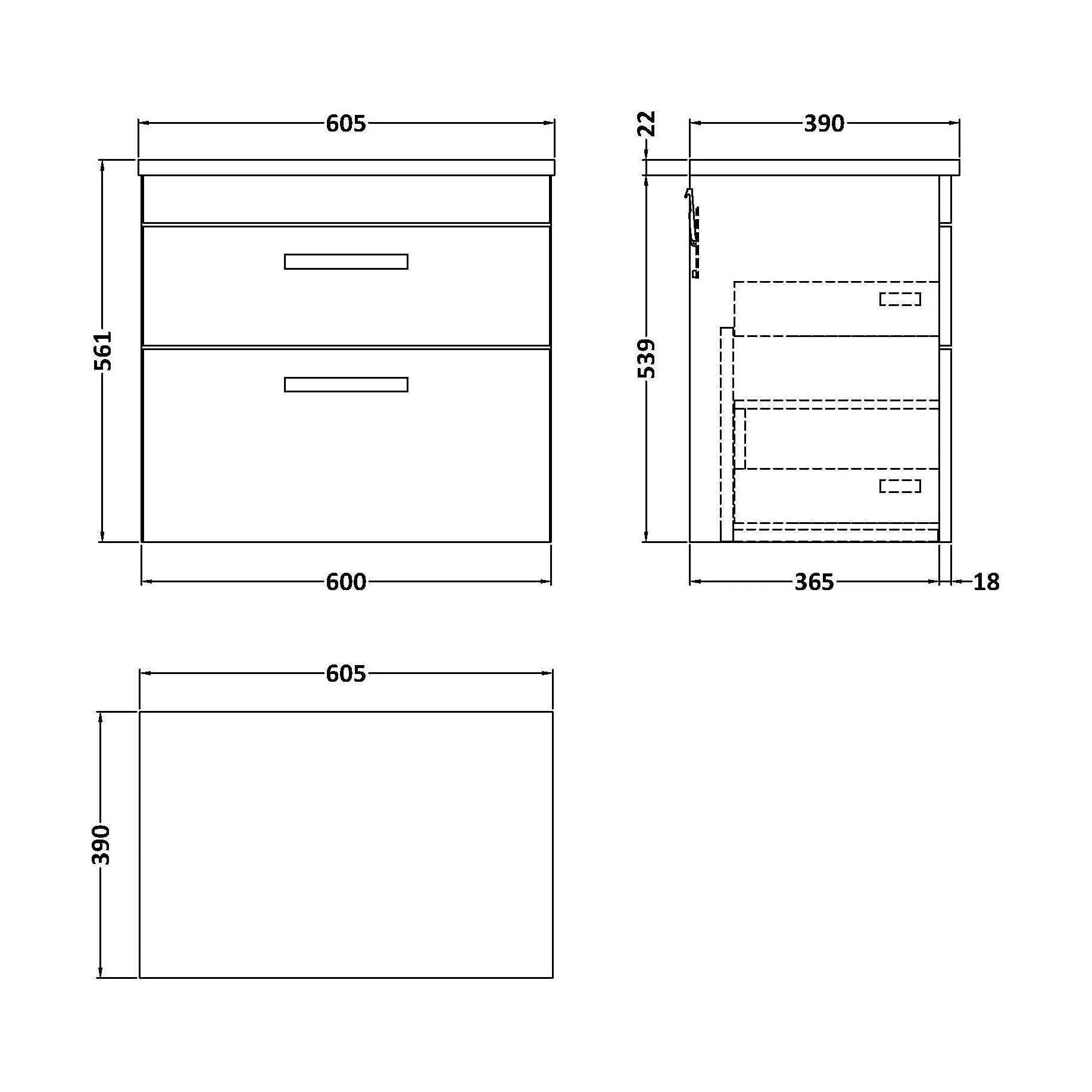 Millwich Contemporary 2 Drawer Wall Hung Vanity Unit with Laminate Carrara Marble Worktop, Gloss White, 600mm - Image 2