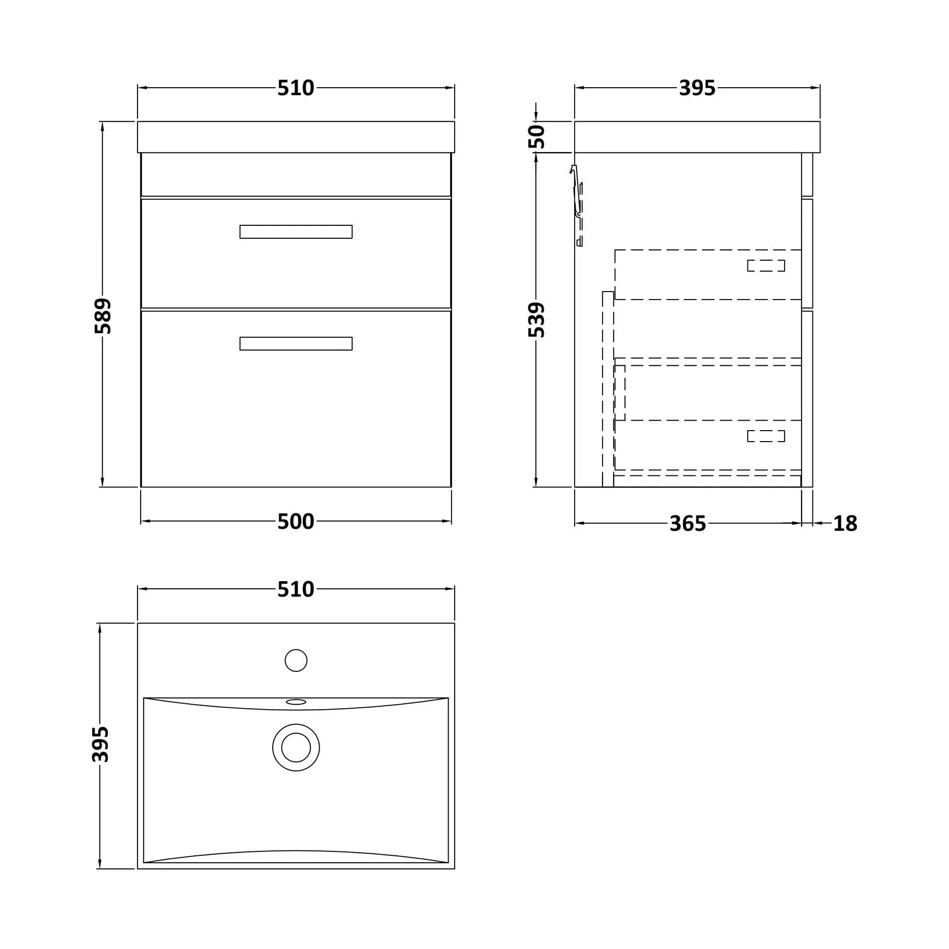 Millwich Contemporary 2 Drawer Wall Hung Vanity Unit with Thin Edge Basin, Anthracite Woodgrain, 500mm - Image 2