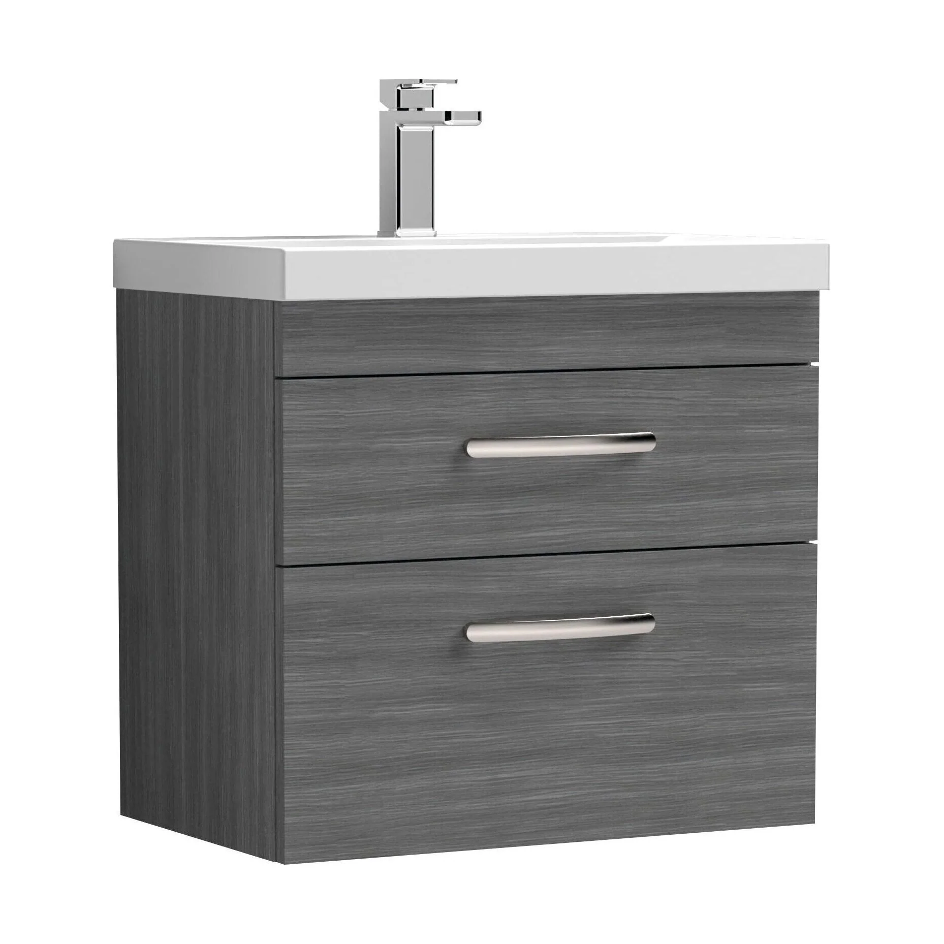 Millwich Contemporary 2 Drawer Wall Hung Vanity Unit with Thin Edge Basin, Anthracite Woodgrain, 600mm