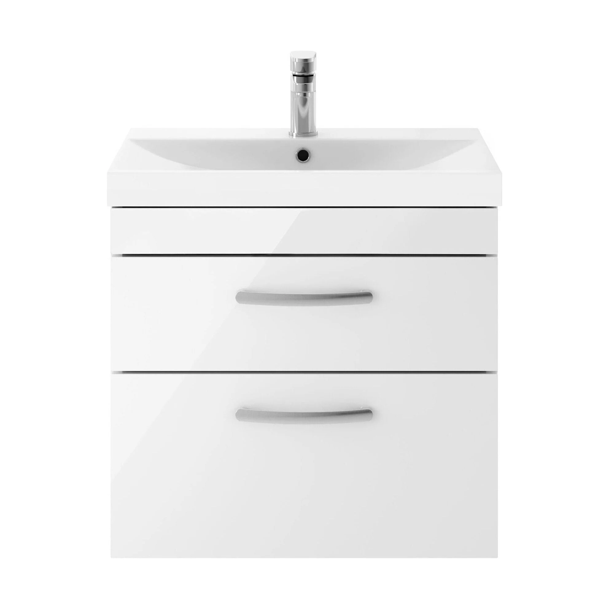 Millwich Contemporary 2 Drawer Wall Hung Vanity Unit with Thin Edge Basin, Gloss White, 600mm