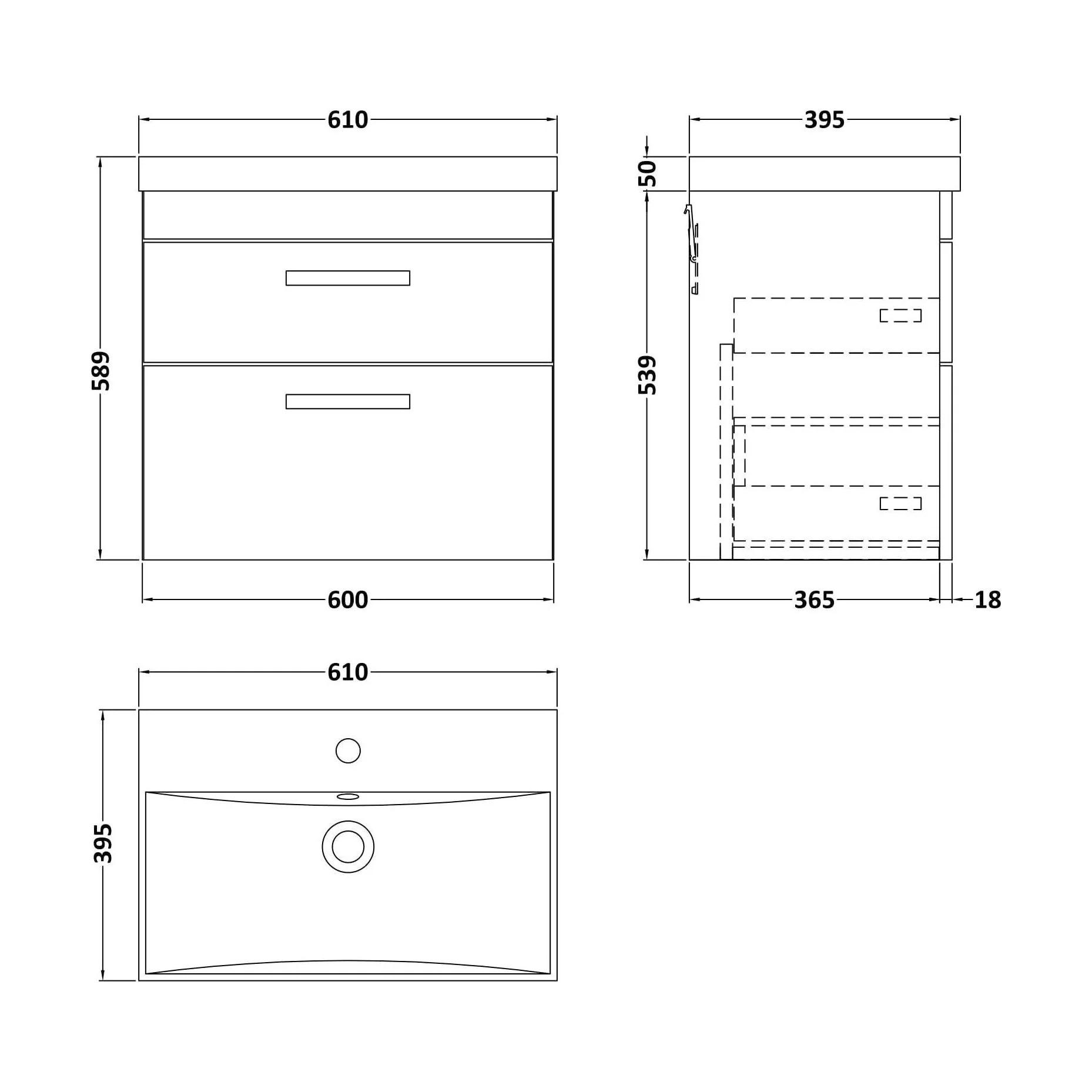 Millwich Contemporary 2 Drawer Wall Hung Vanity Unit with Thin Edge Basin, Gloss White, 600mm - Image 2