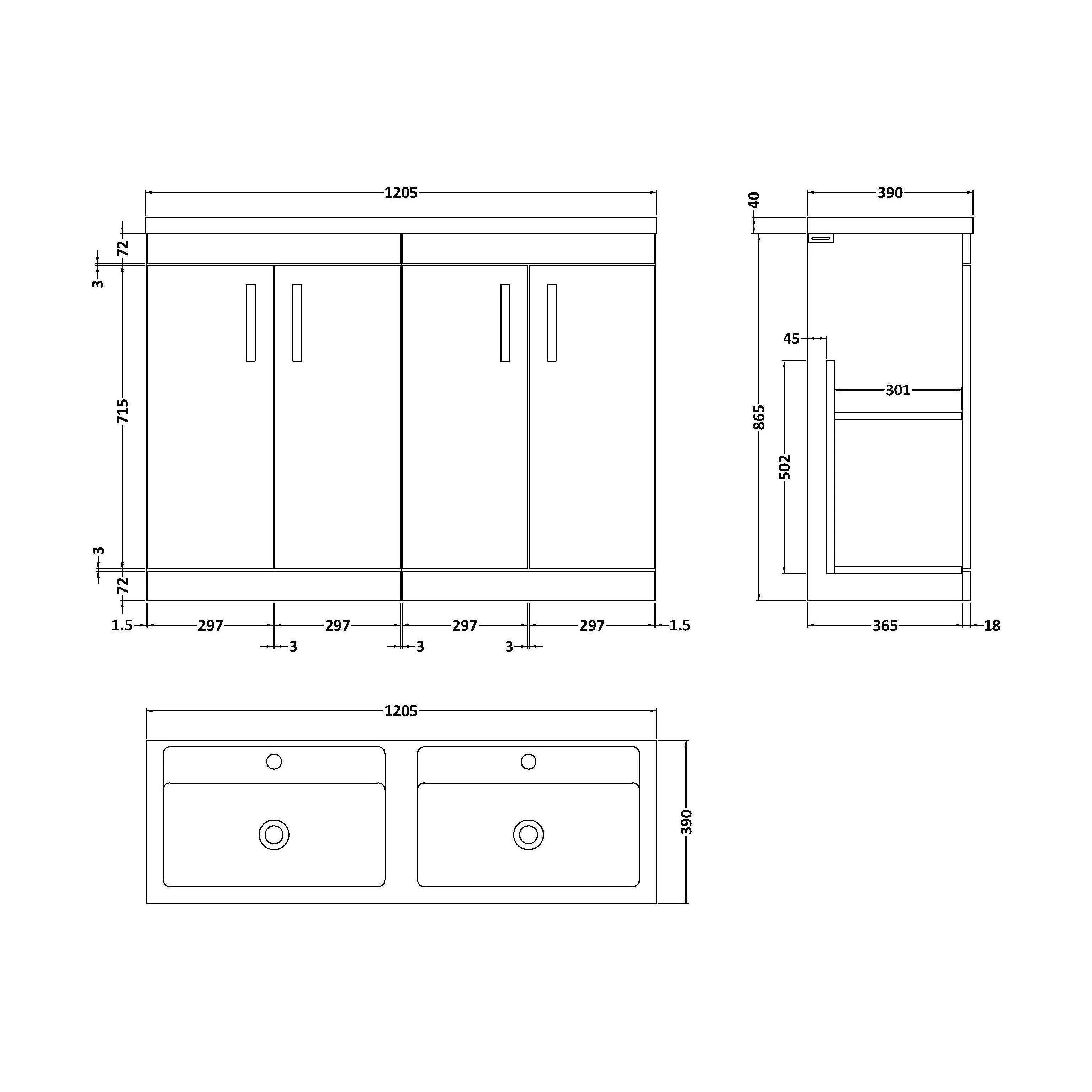 Millwich Contemporary 4 Door Floor Standing Vanity Unit with Basin, Gloss White, 1200mm - Image 2