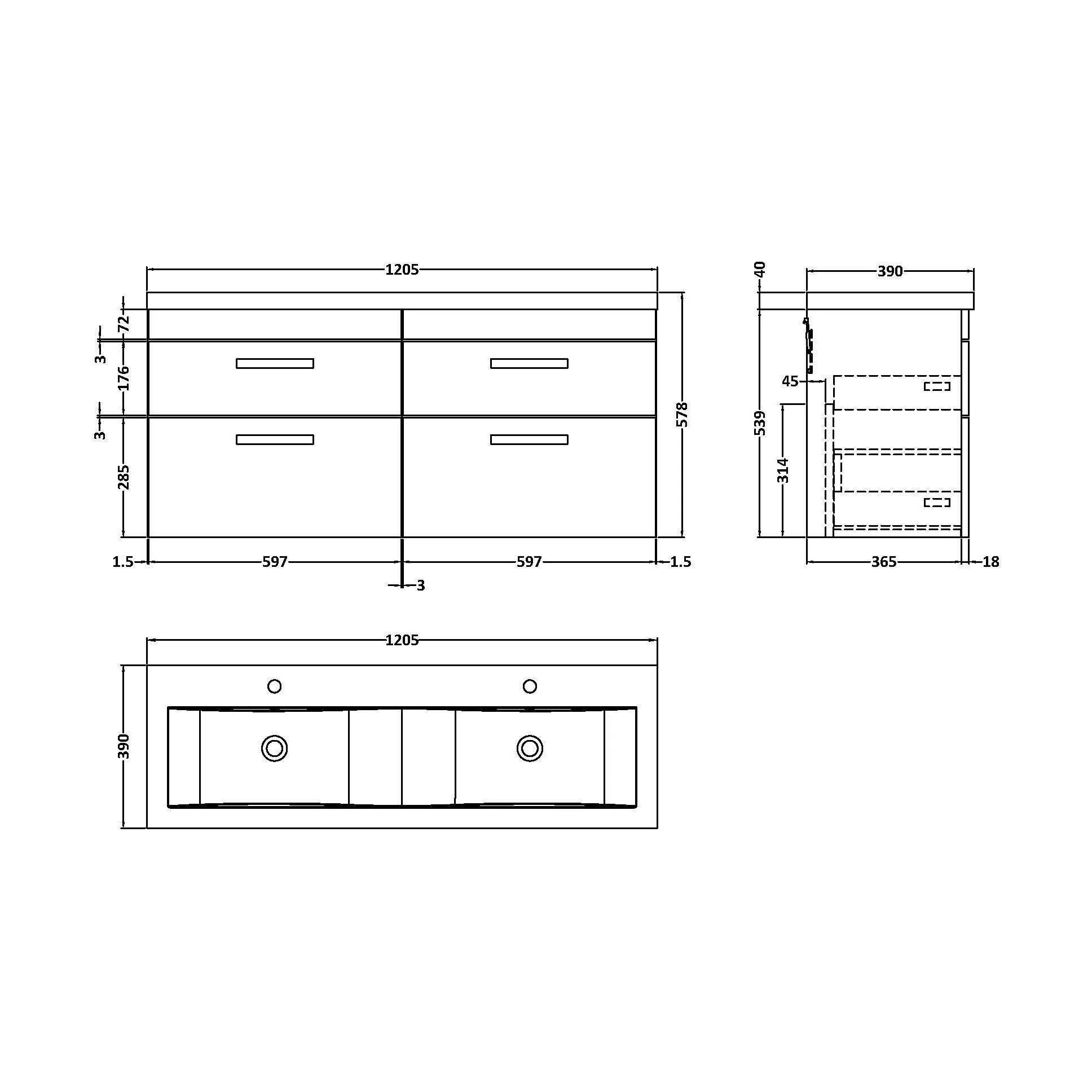 Millwich Contemporary 4 Drawer Wall Hung Vanity Unit with Basin, Gloss White, 1200mm - Image 2