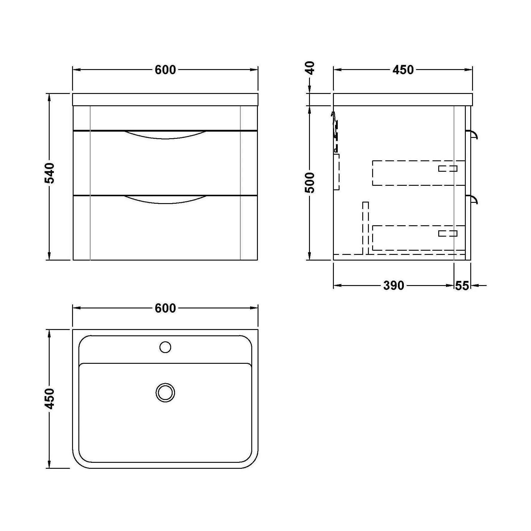 Aldershawe Modern 2-Drawer Wall Hung Vanity Basin Unit with Ceramic Basin - 600mm - Image 11