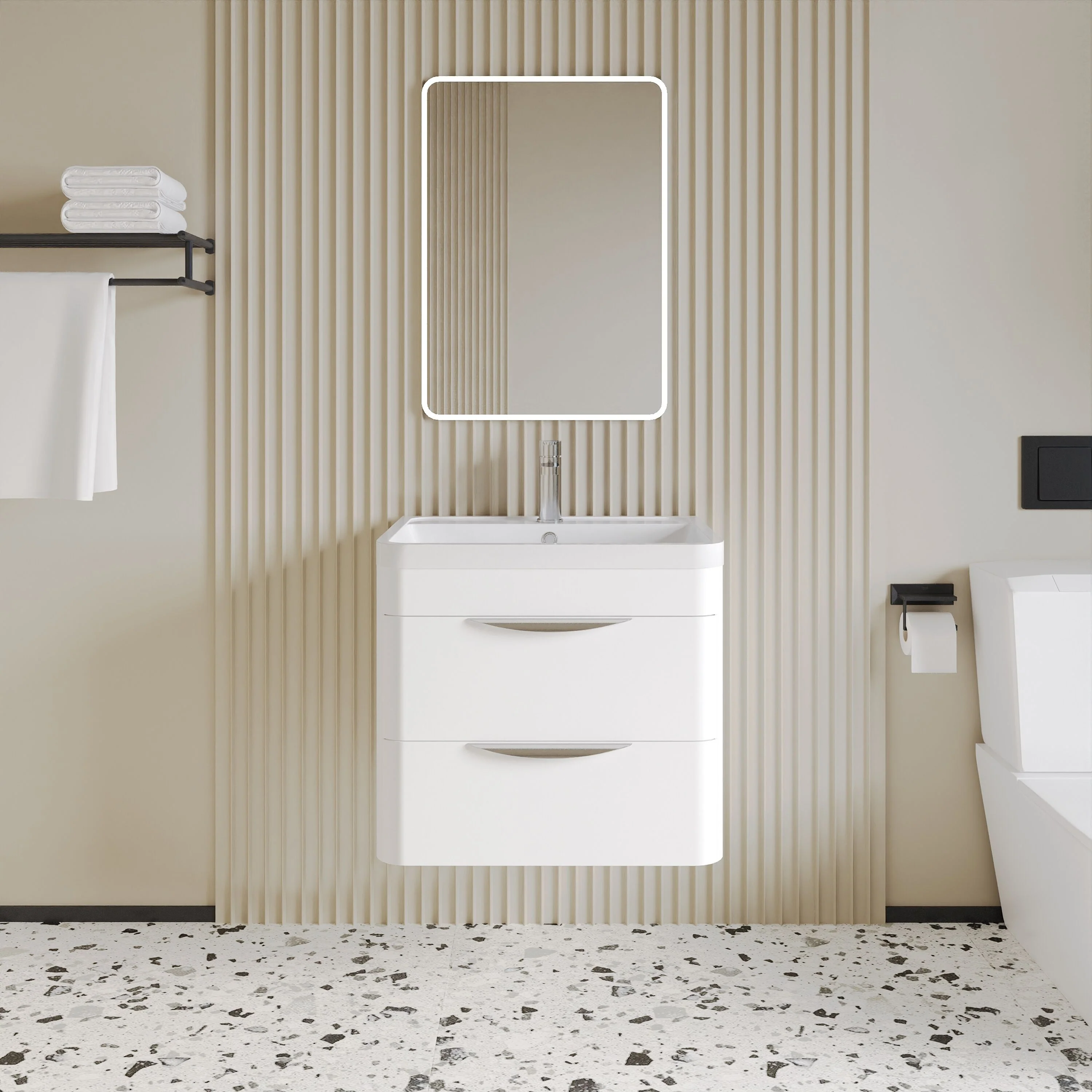 Aldershawe Modern 2-Drawer Wall Hung Vanity Basin Unit with Ceramic Basin - 600mm - Image 4