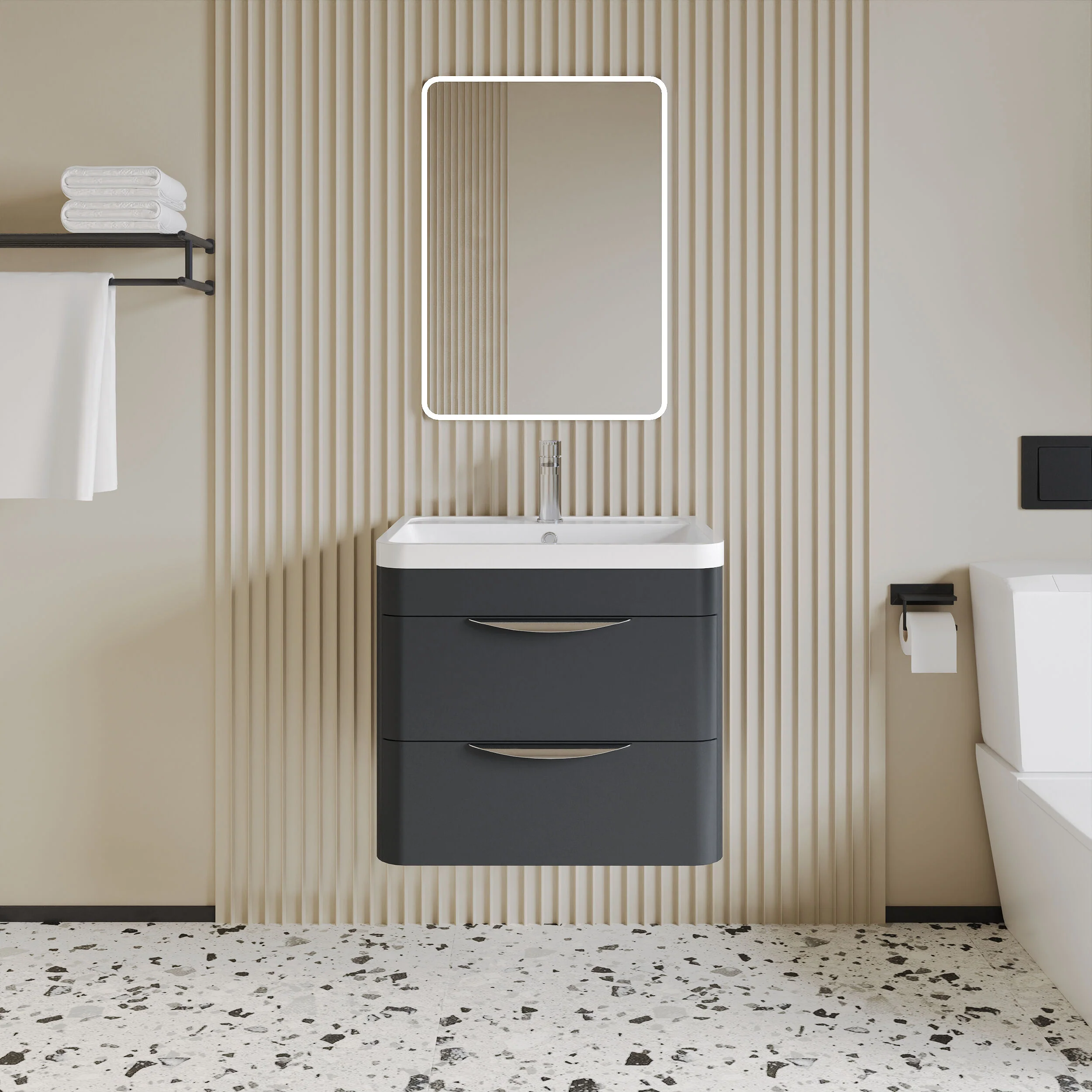 Aldershawe Modern 2-Drawer Wall Hung Vanity Basin Unit with Ceramic Basin - 600mm - Image 6