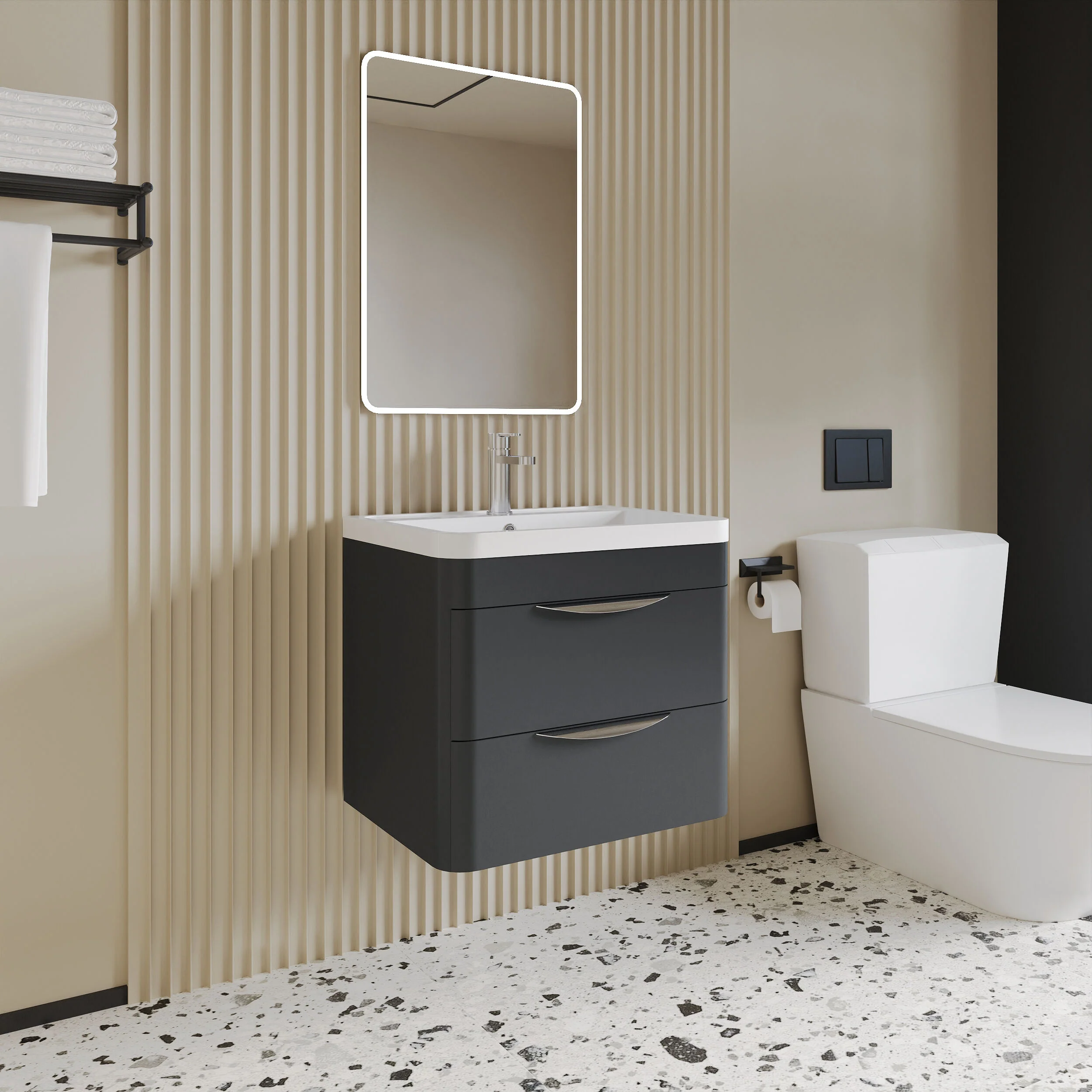 Aldershawe Modern 2-Drawer Wall Hung Vanity Basin Unit with Ceramic Basin - 600mm - Image 7