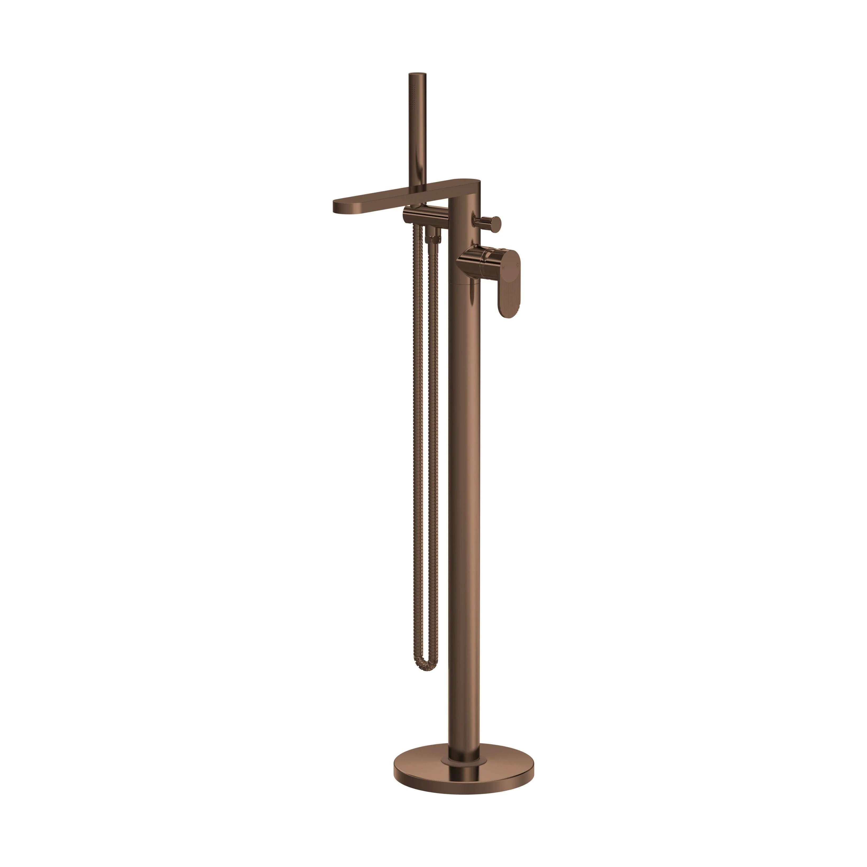 Modern Freestanding Round Bath Shower Mixer Tap with Fluted Lever Handle and Kit -  Brushed Bronze