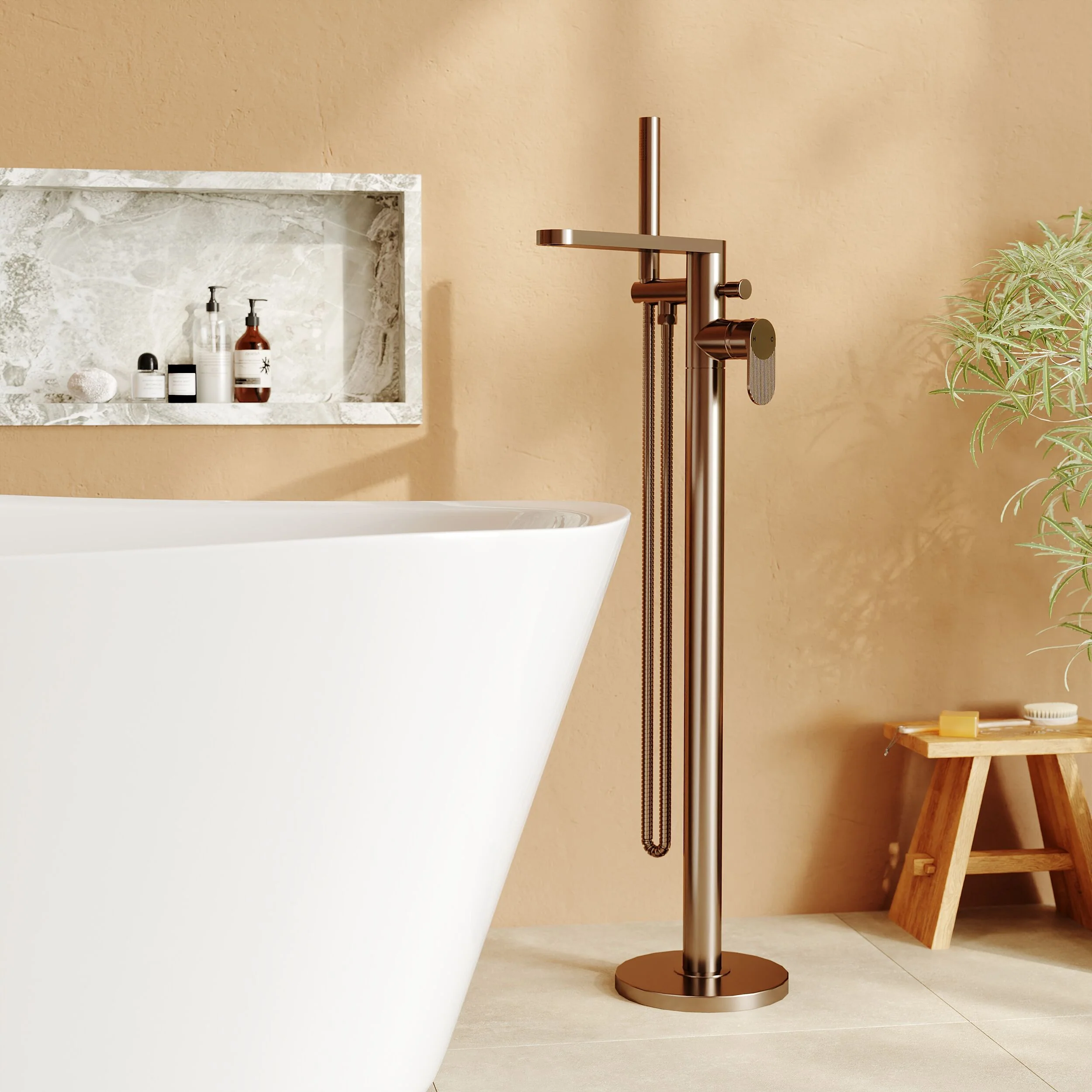 Modern Freestanding Round Bath Shower Mixer Tap with Fluted Lever Handle and Kit -  Brushed Bronze - Image 2