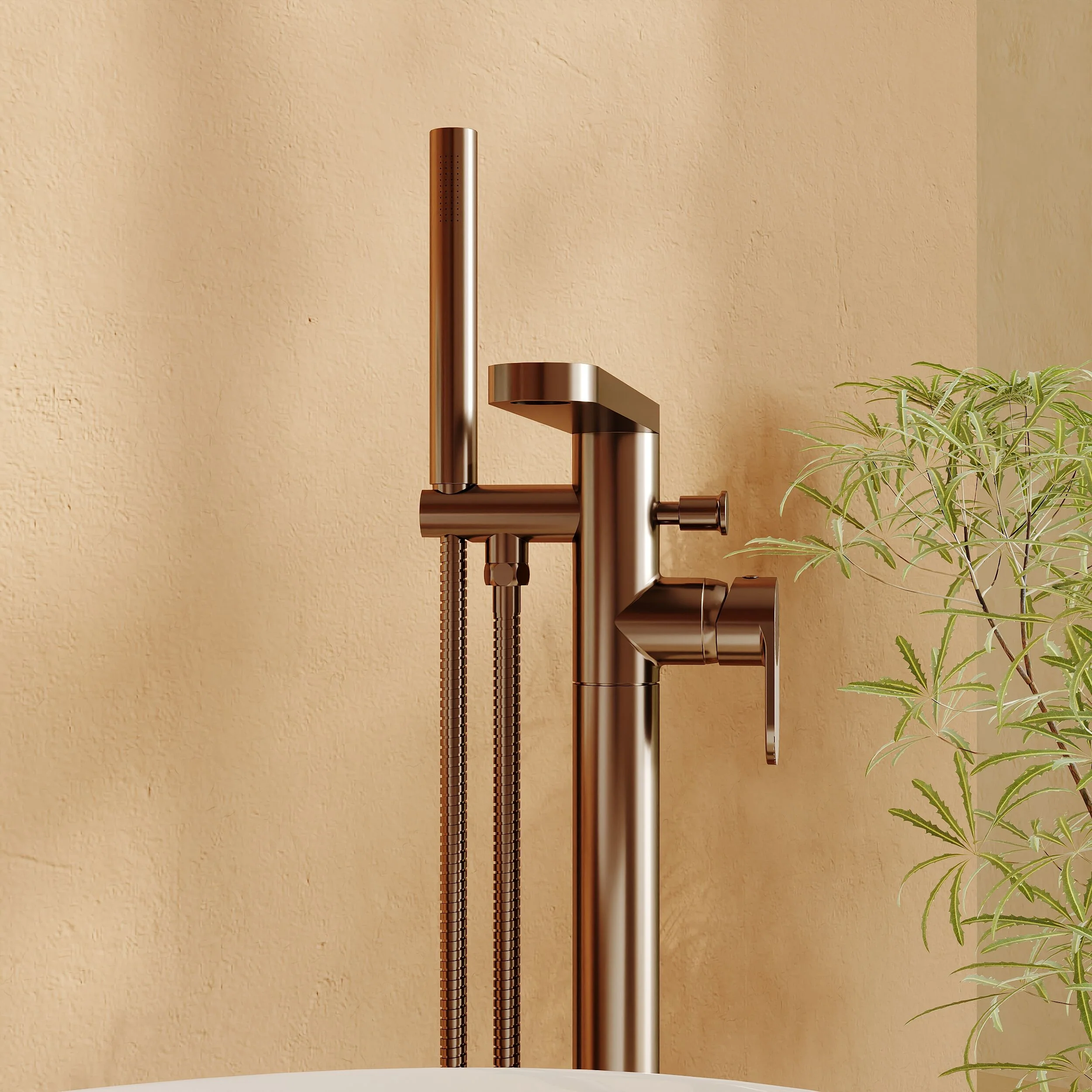 Modern Freestanding Round Bath Shower Mixer Tap with Fluted Lever Handle and Kit -  Brushed Bronze - Image 3