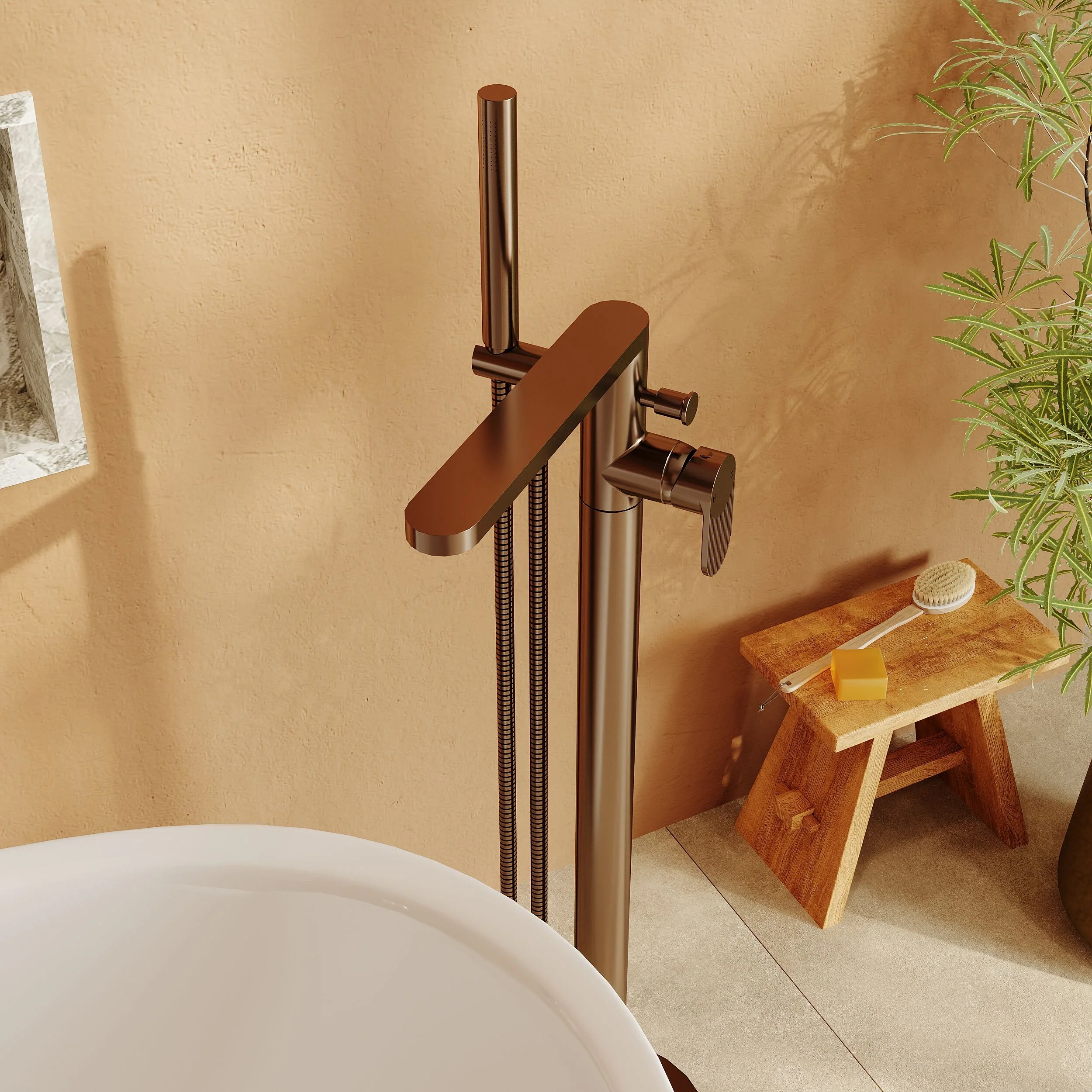 Modern Freestanding Round Bath Shower Mixer Tap with Fluted Lever Handle and Kit -  Brushed Bronze - Image 4