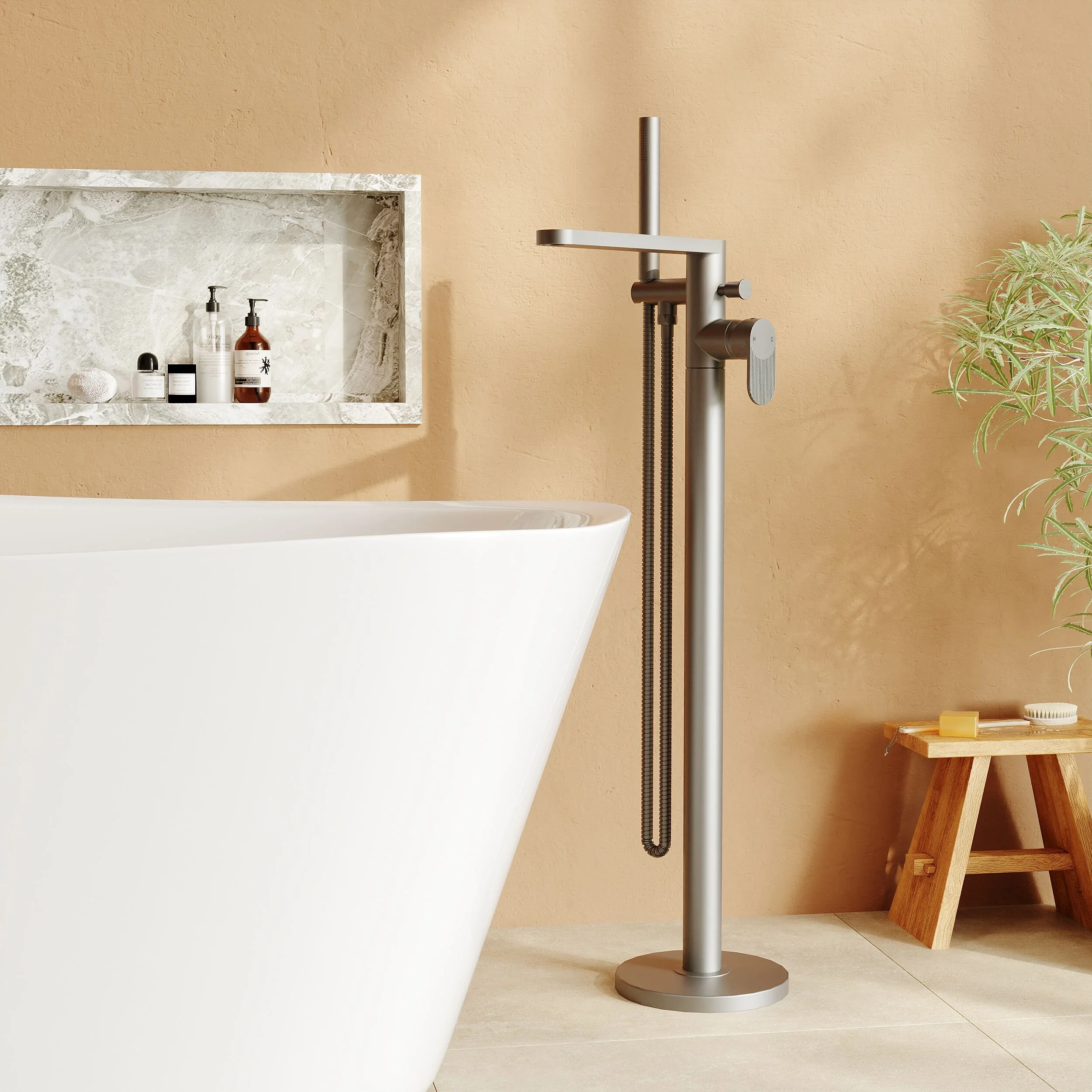 Modern Freestanding Round Bath Shower Mixer Tap with Fluted Lever Handle and Kit - Brushed Pewter - Image 2