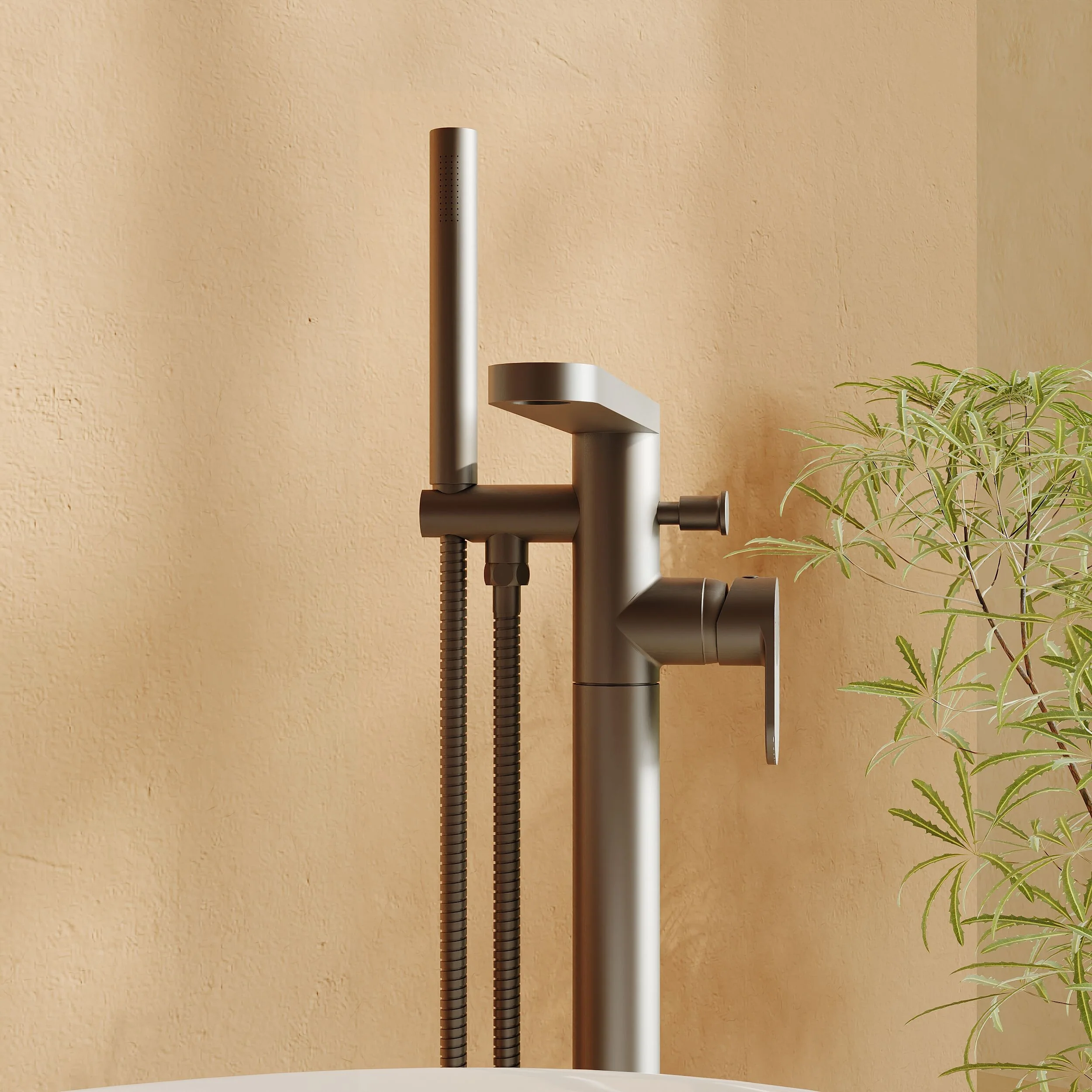 Modern Freestanding Round Bath Shower Mixer Tap with Fluted Lever Handle and Kit - Brushed Pewter - Image 3