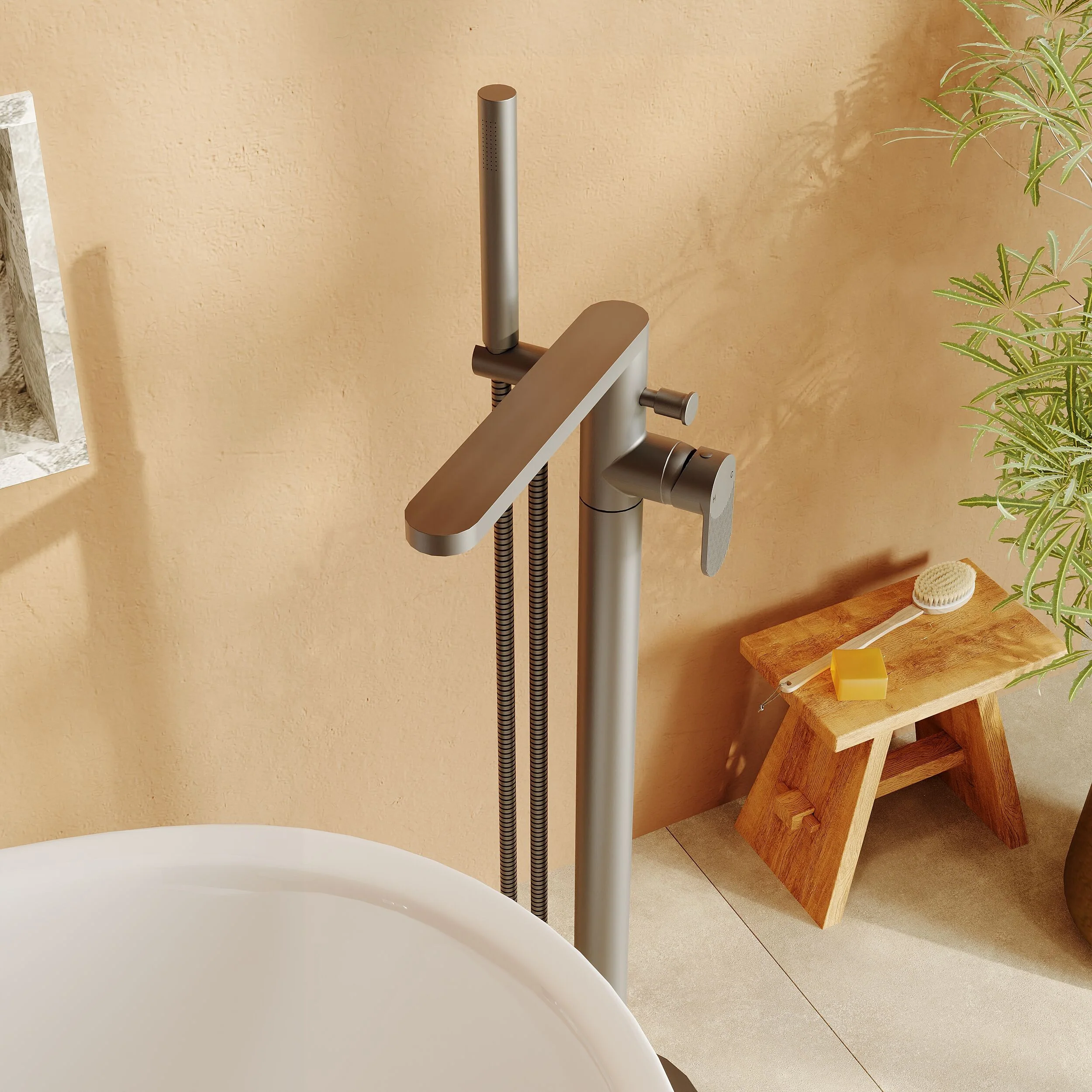 Modern Freestanding Round Bath Shower Mixer Tap with Fluted Lever Handle and Kit - Brushed Pewter - Image 4