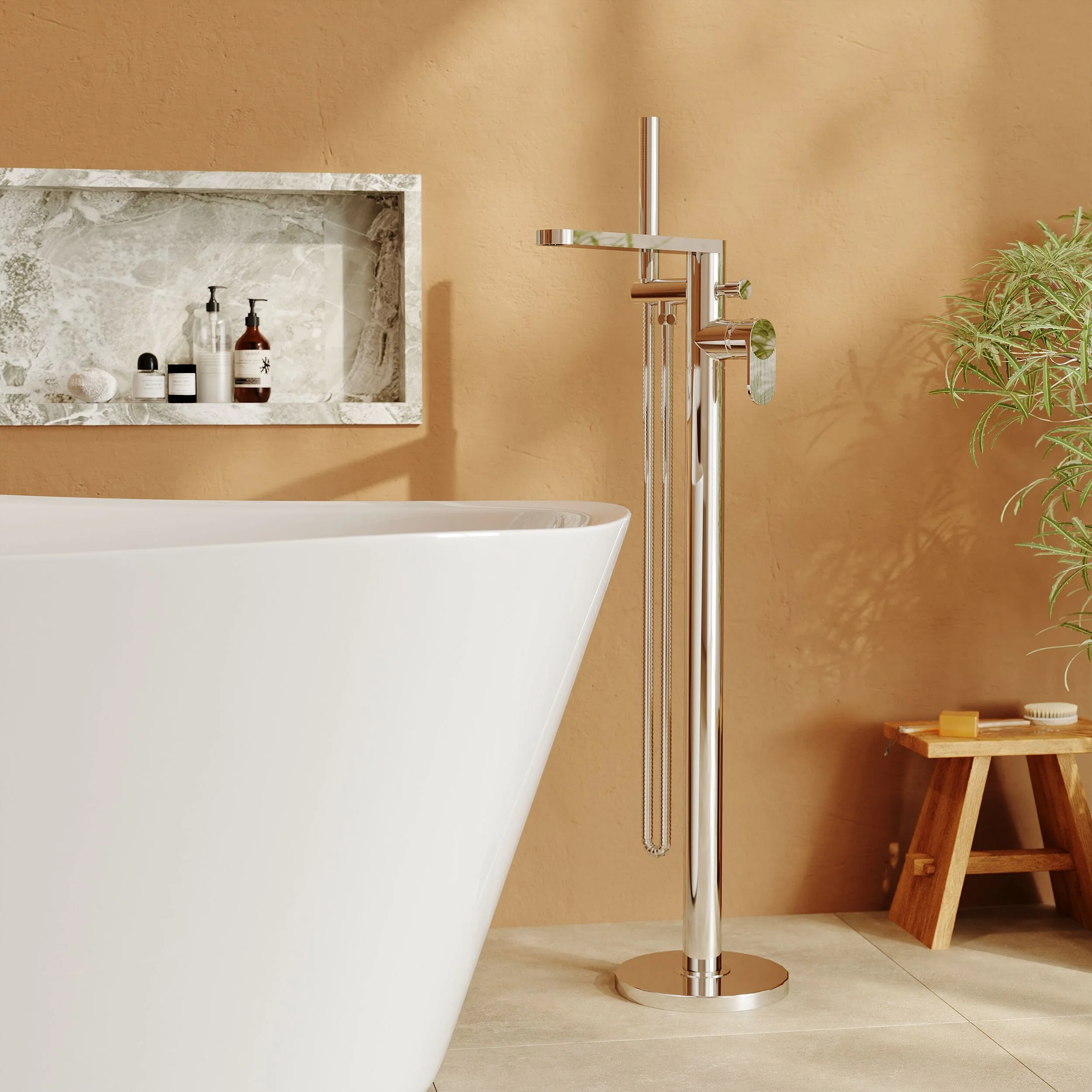 Modern Freestanding Round Bath Shower Mixer Tap with Fluted Lever Handle and Kit - Chrome - Image 2
