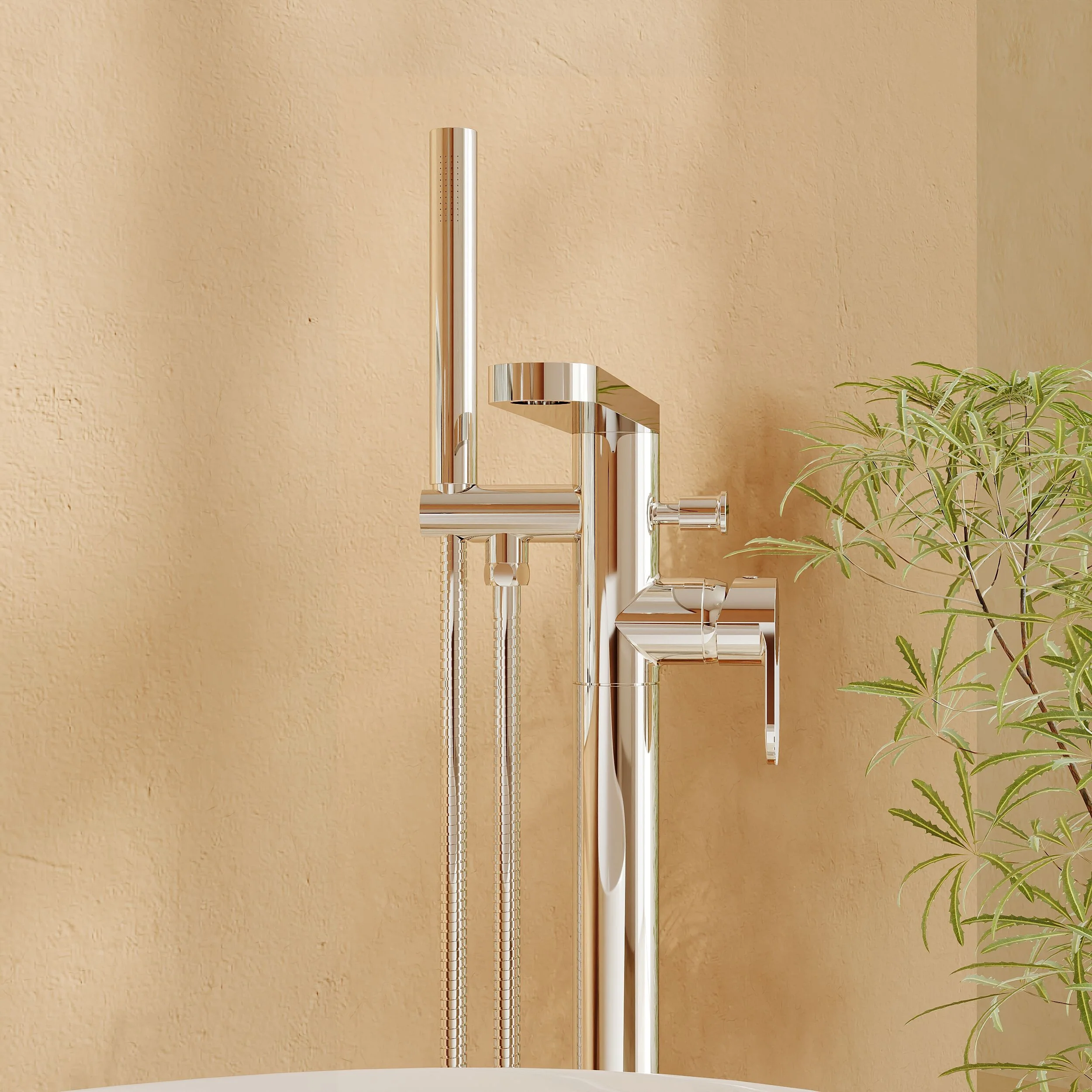 Modern Freestanding Round Bath Shower Mixer Tap with Fluted Lever Handle and Kit - Chrome - Image 3