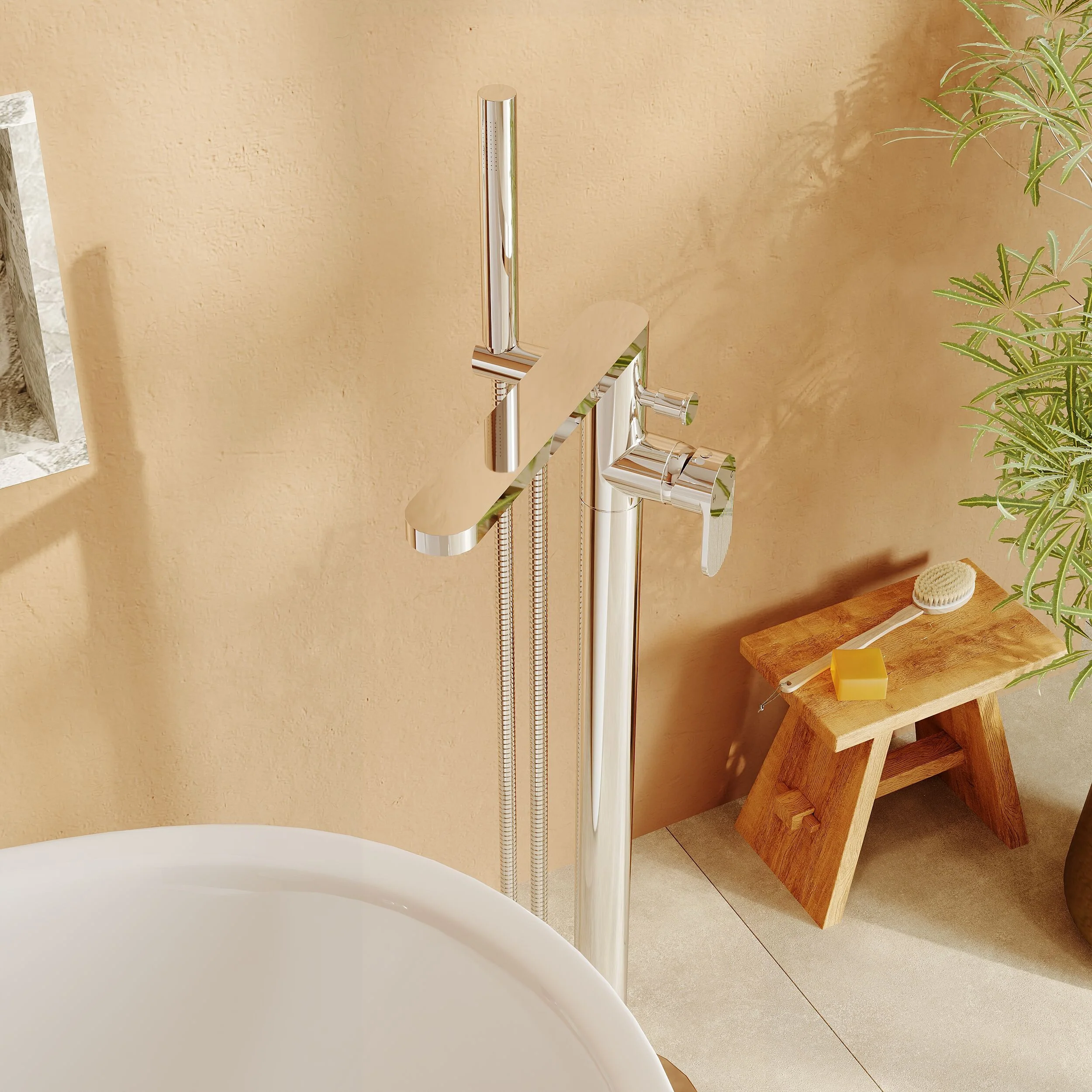 Modern Freestanding Round Bath Shower Mixer Tap with Fluted Lever Handle and Kit - Chrome - Image 4