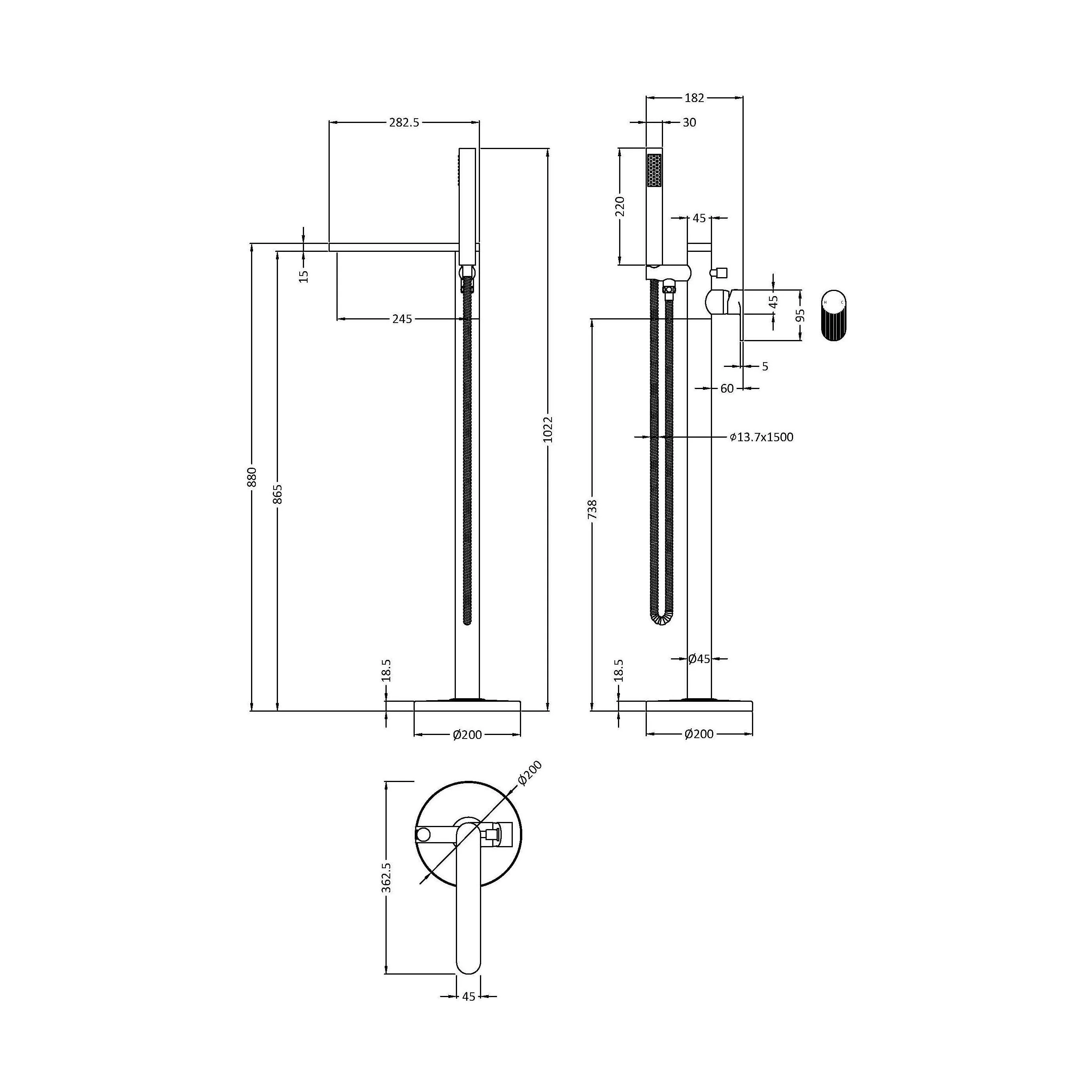 Modern Freestanding Round Bath Shower Mixer Tap with Fluted Lever Handle and Kit - Chrome - Image 5