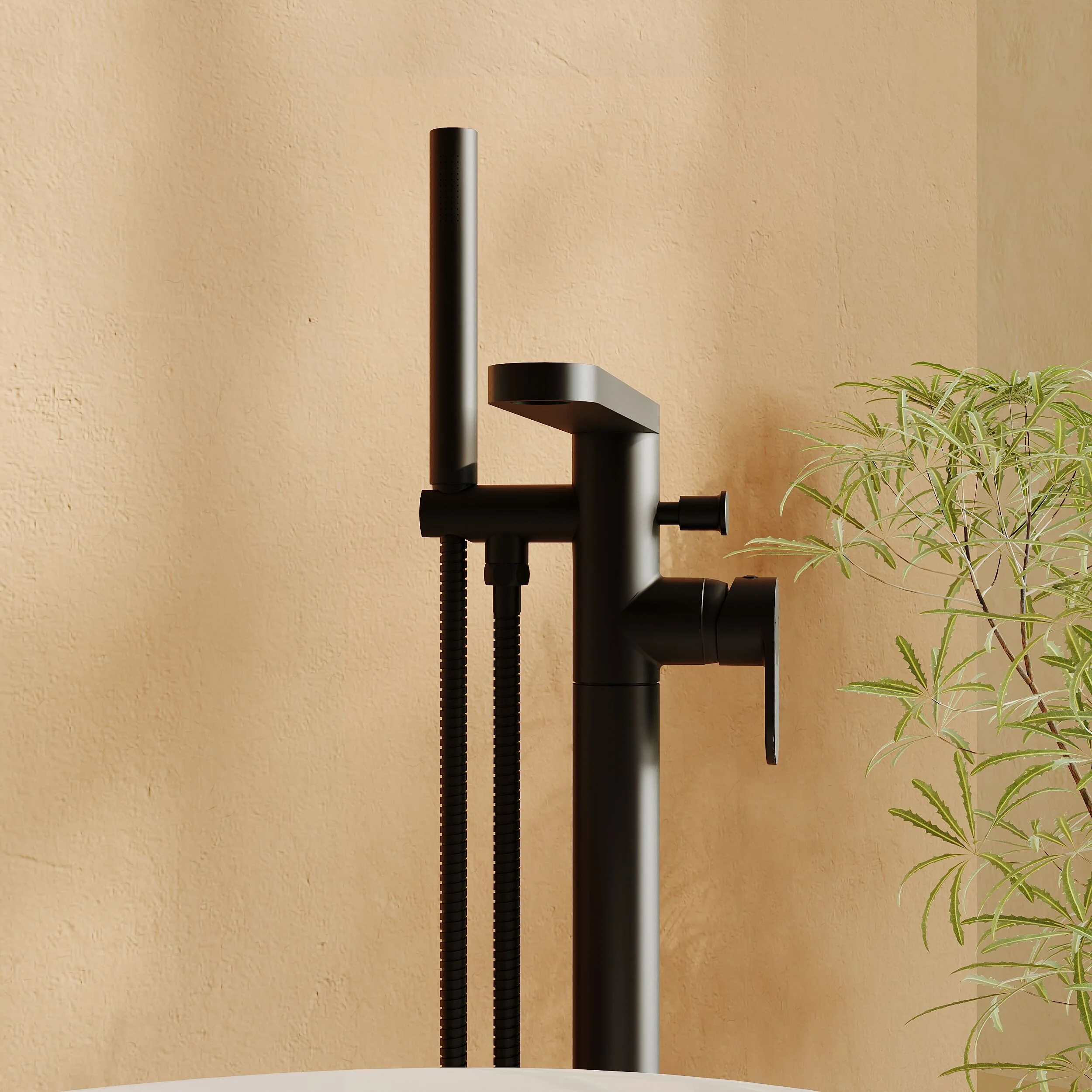 Modern Freestanding Round Bath Shower Mixer Tap with Fluted Lever Handle and Kit - Matt Black - Image 3