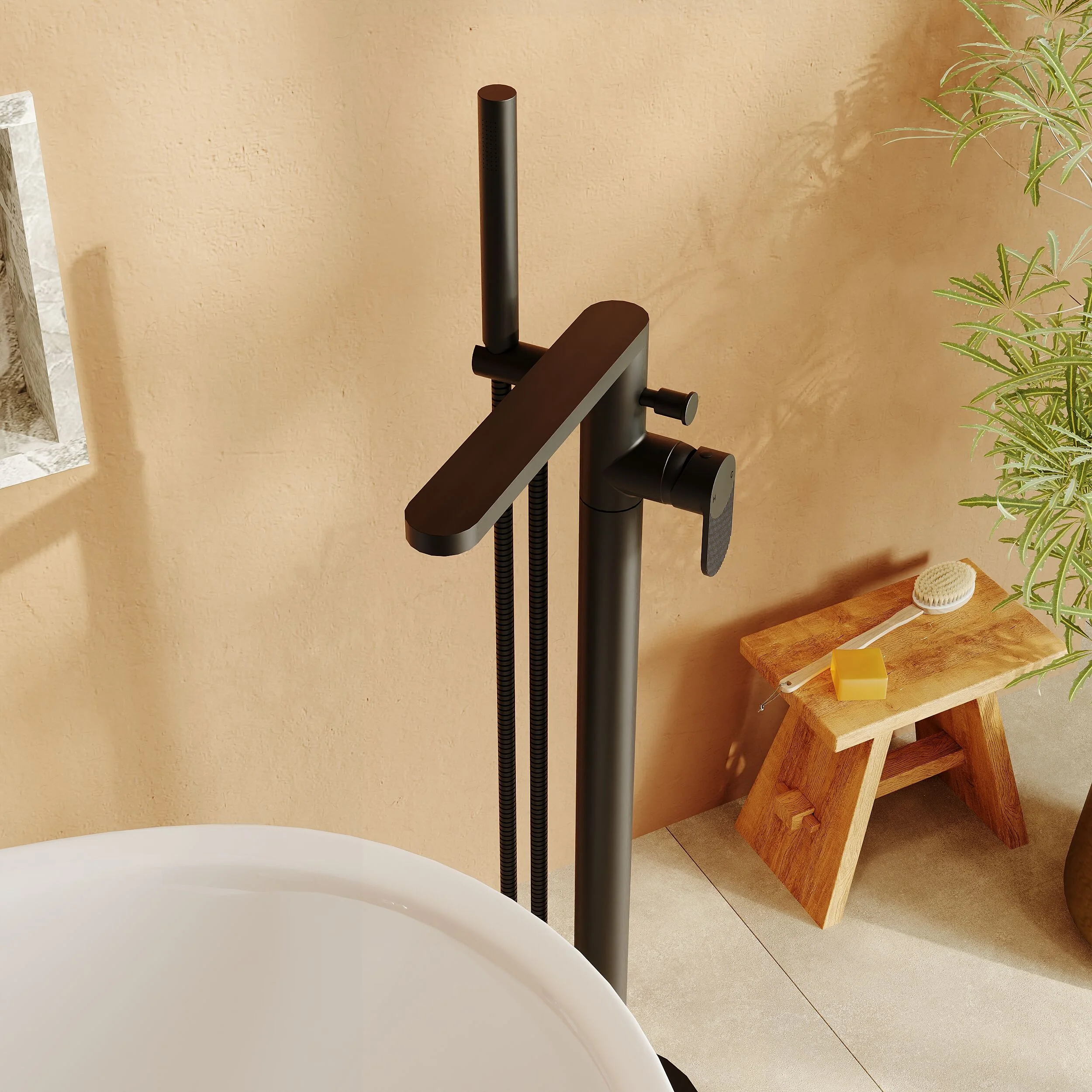 Modern Freestanding Round Bath Shower Mixer Tap with Fluted Lever Handle and Kit - Matt Black - Image 4