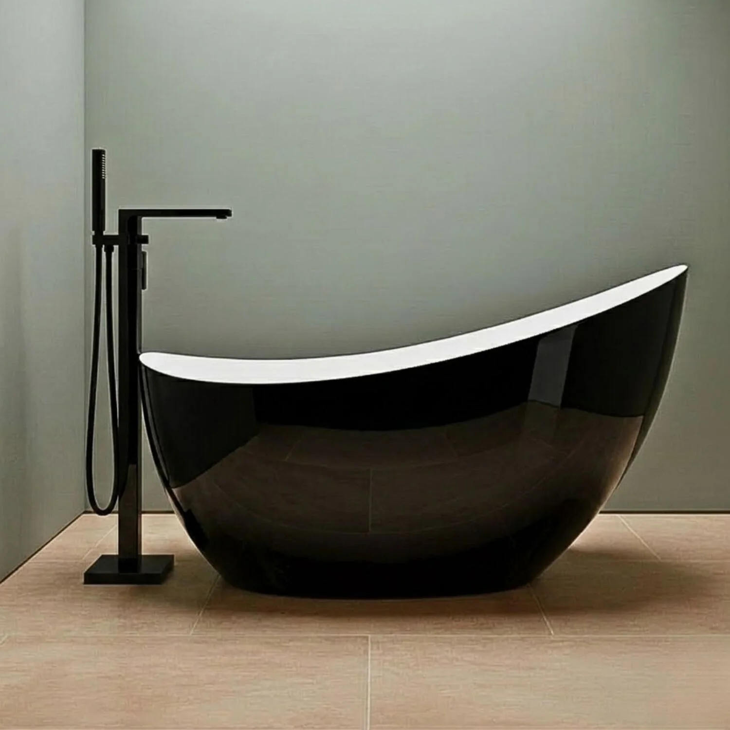 Modern Freestanding Slipper Bath, Double Ended, 1750 x 730mm - Black Finish