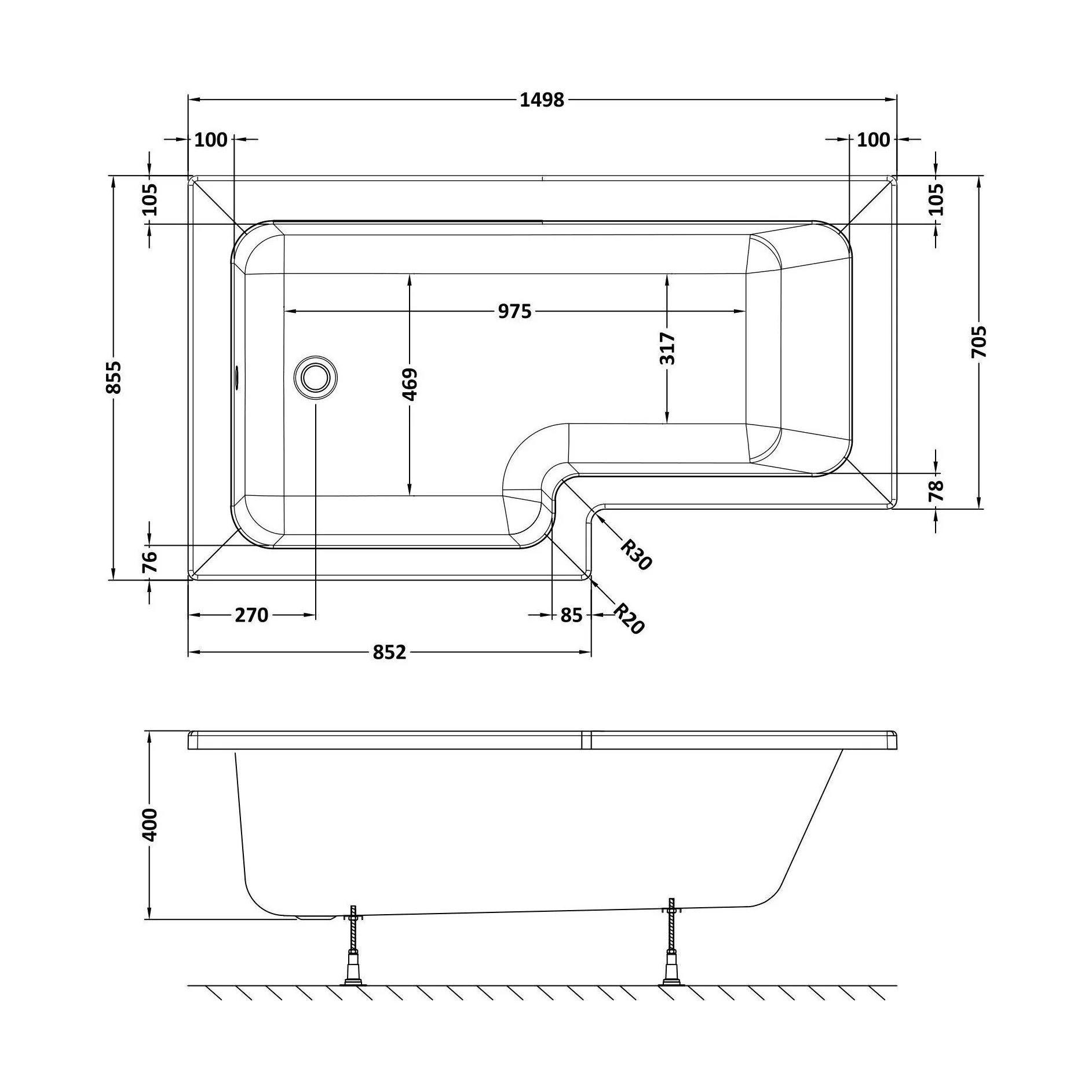 Contemporary Square Shower Bath - Choose Size and Orientation - Image 13