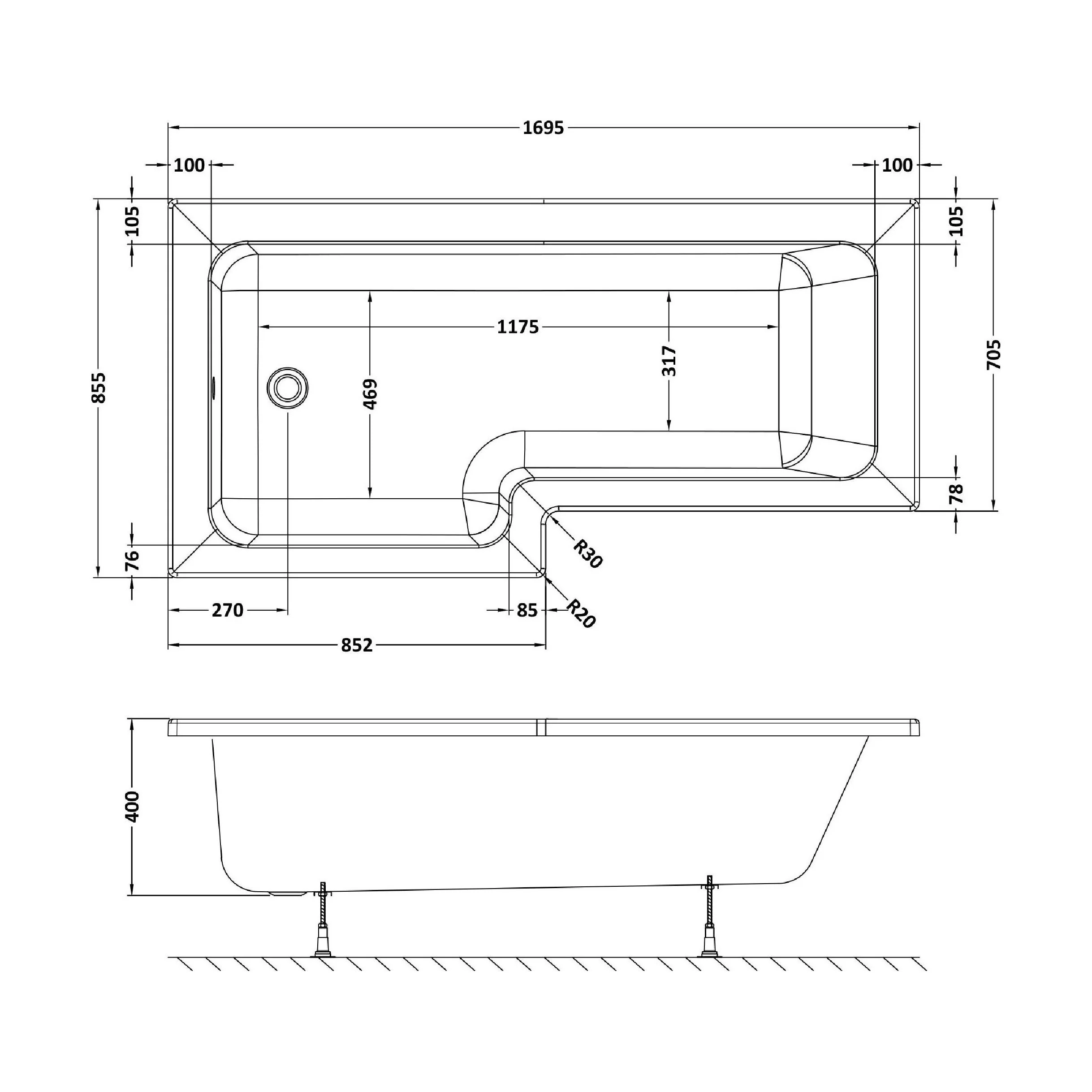 Contemporary Square Shower Bath - Choose Size and Orientation - Image 17