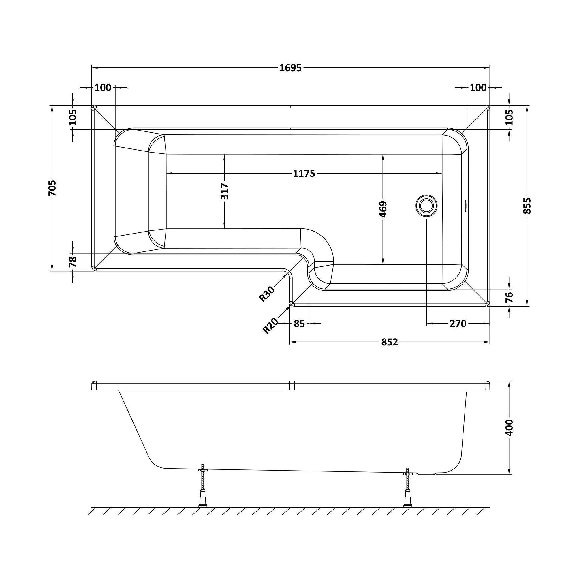 Contemporary Square Shower Bath - Choose Size and Orientation - Image 18