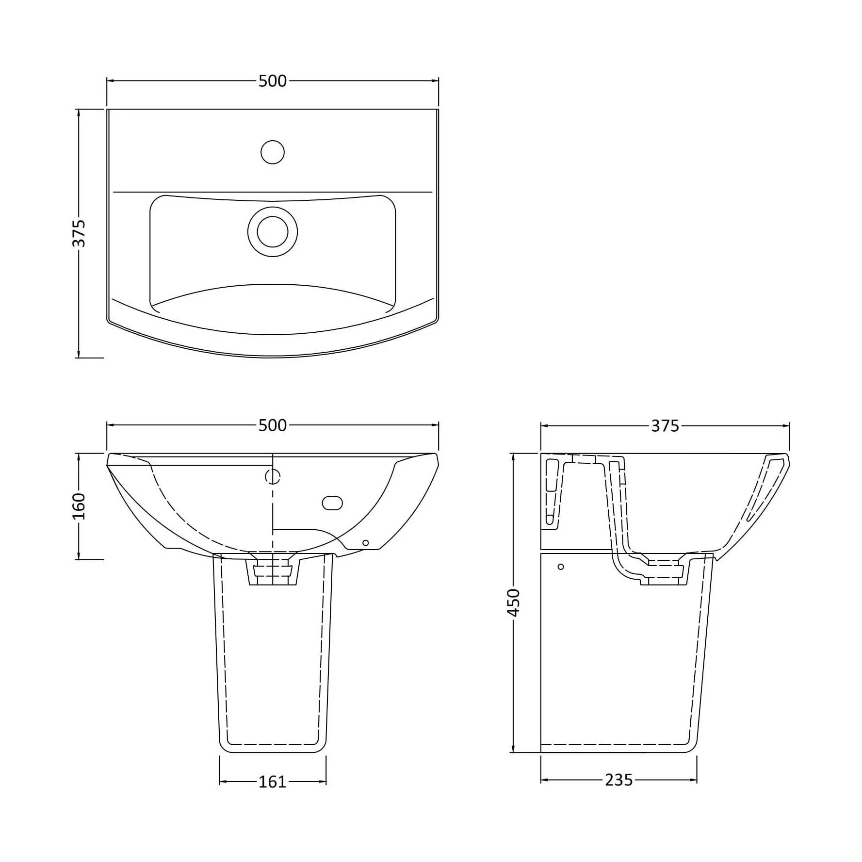 Stramshall Modern White 1 Tap Hole Bathroom Basin & Semi Pedestal - 500mm - Image 3